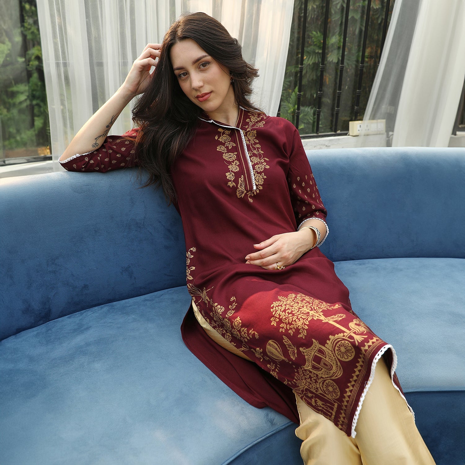 Chariot Print Kurta With Trousers Set