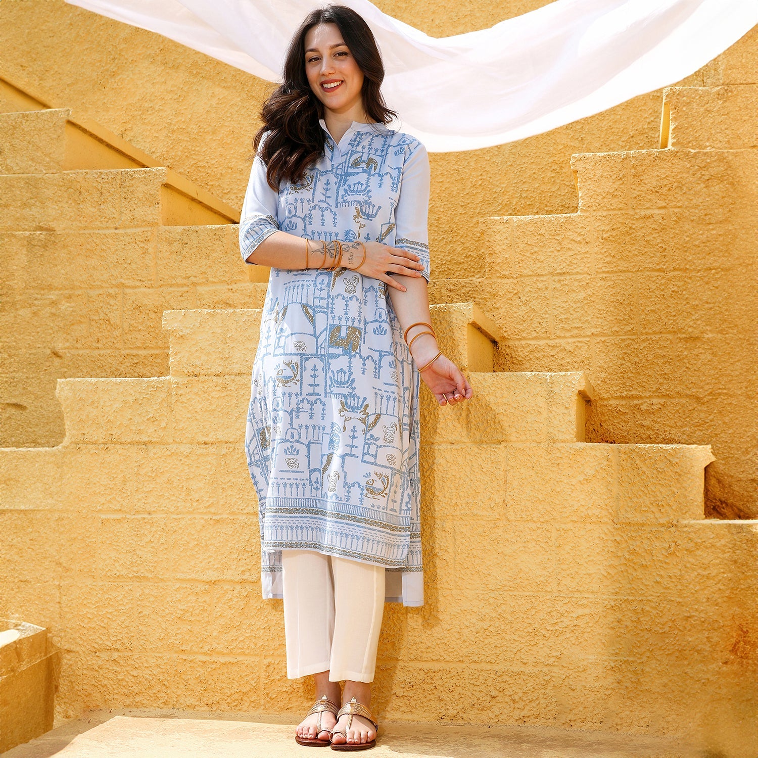 High-Low Ethnic Print Kurta With Trousers Set