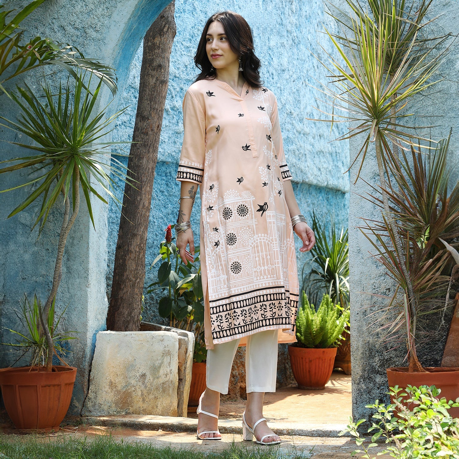 Bird Print Kurta With Trousers Set