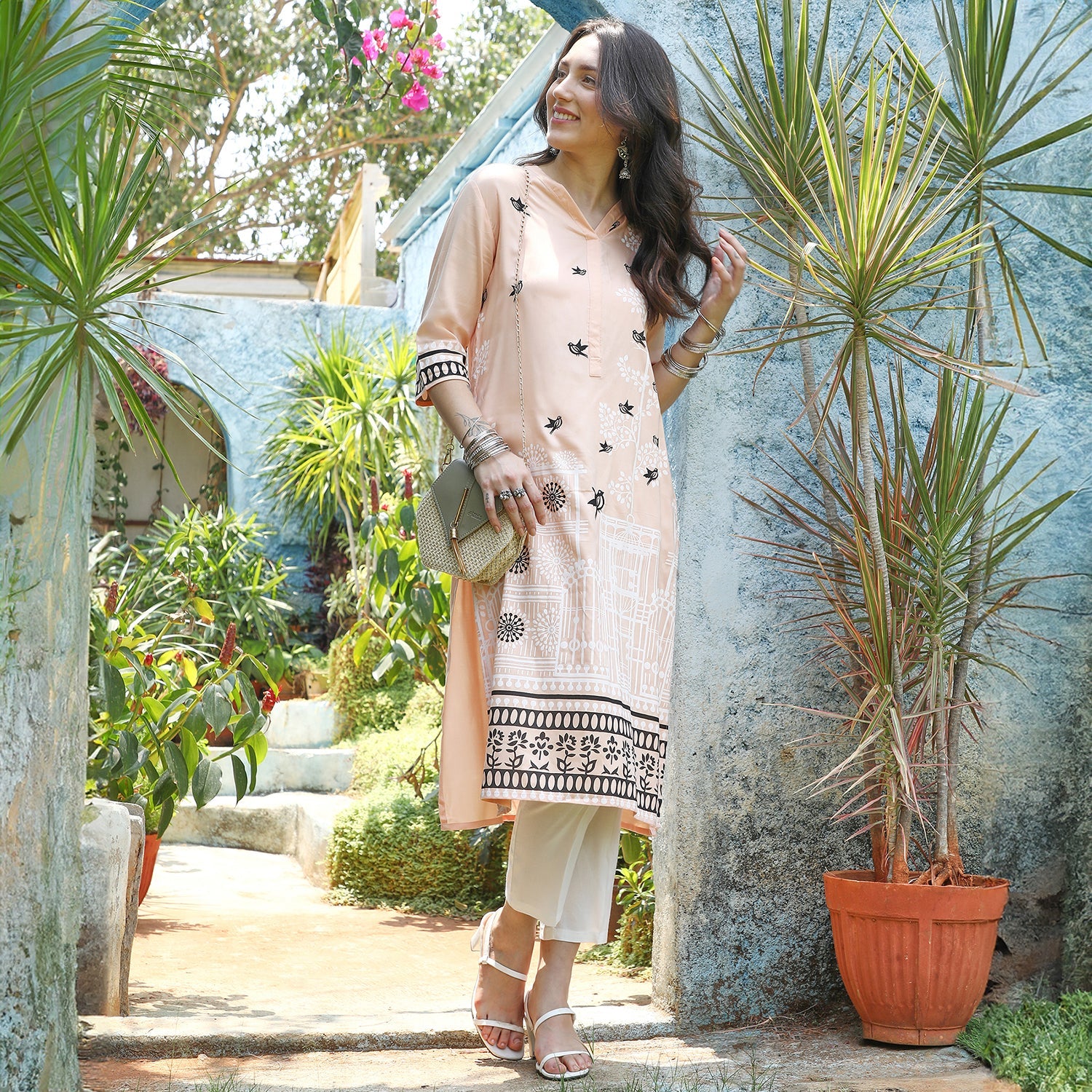 Bird Print Kurta With Trousers Set