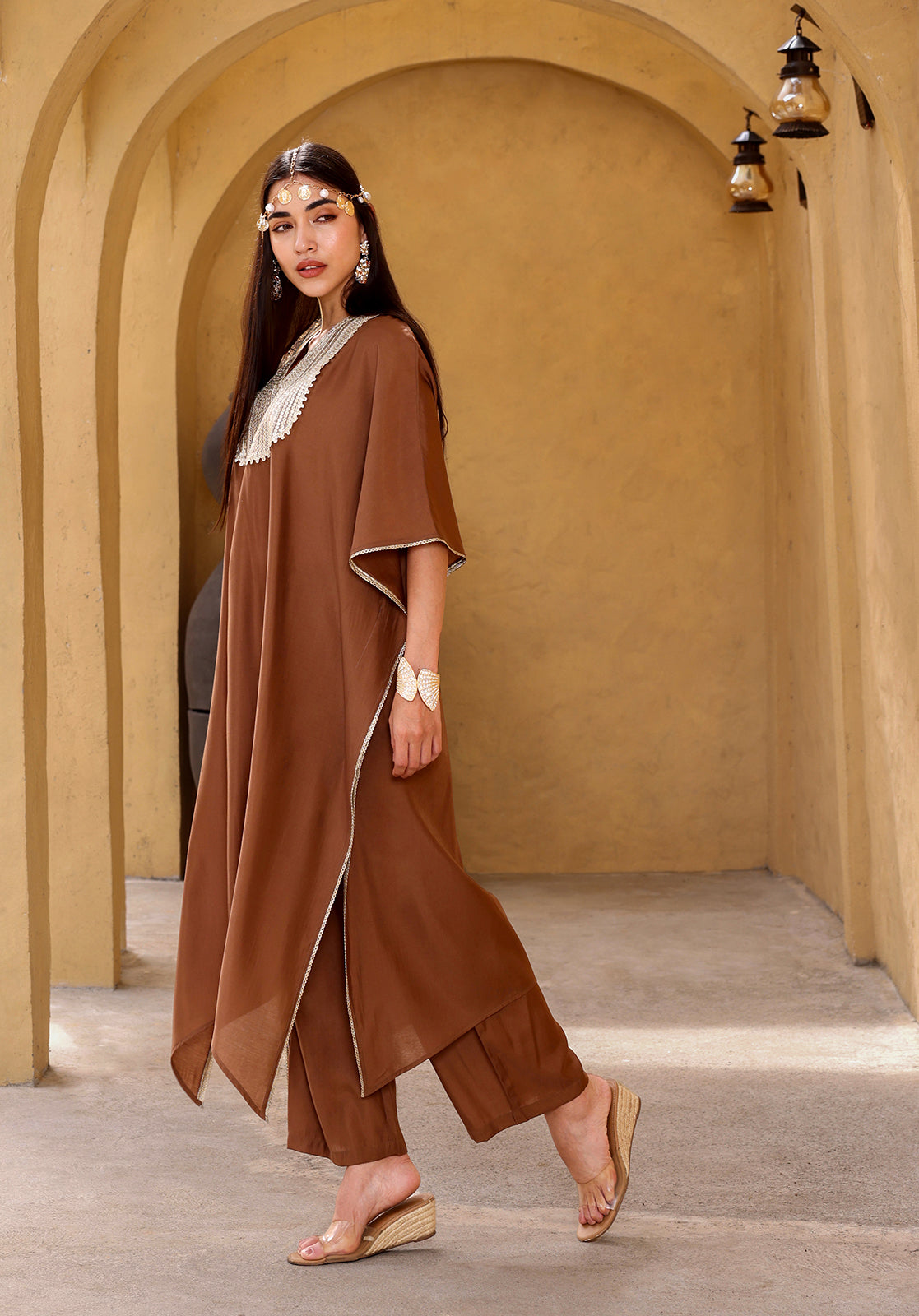Brown Polyblend Kaftan & Trouser Set