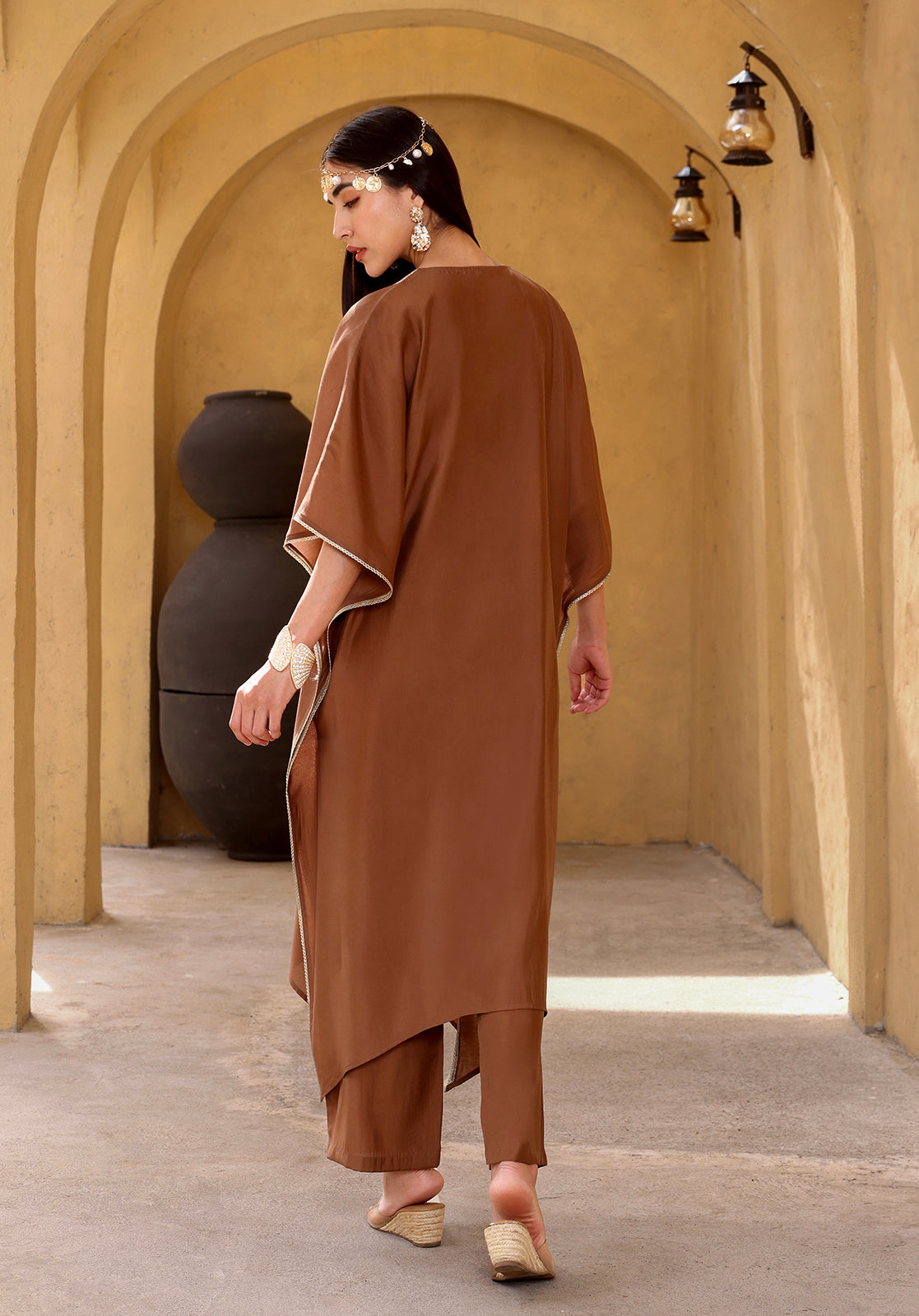Brown Polyblend Kaftan & Trouser Set