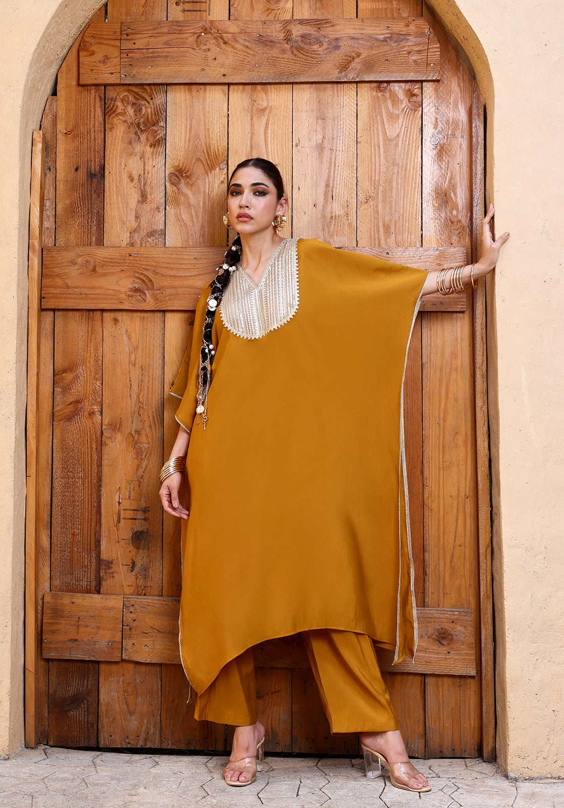 Yellow Polyblend Embroidered Kaftan Kurta with Trousers Set