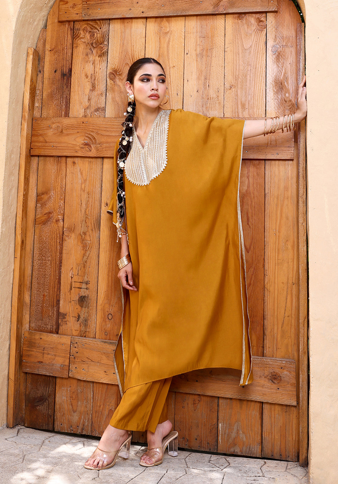Yellow Polyblend Embroidered Kaftan Kurta with Trousers Set