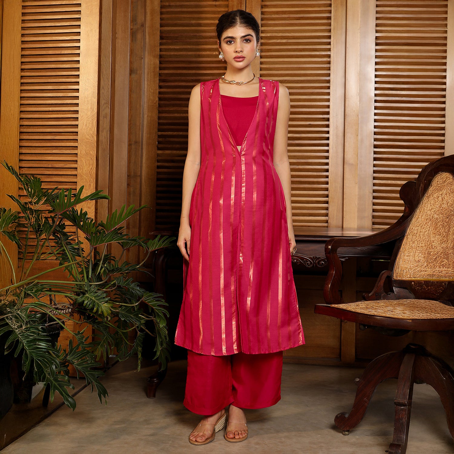 Metallic-Stripe Layered Kurta Set