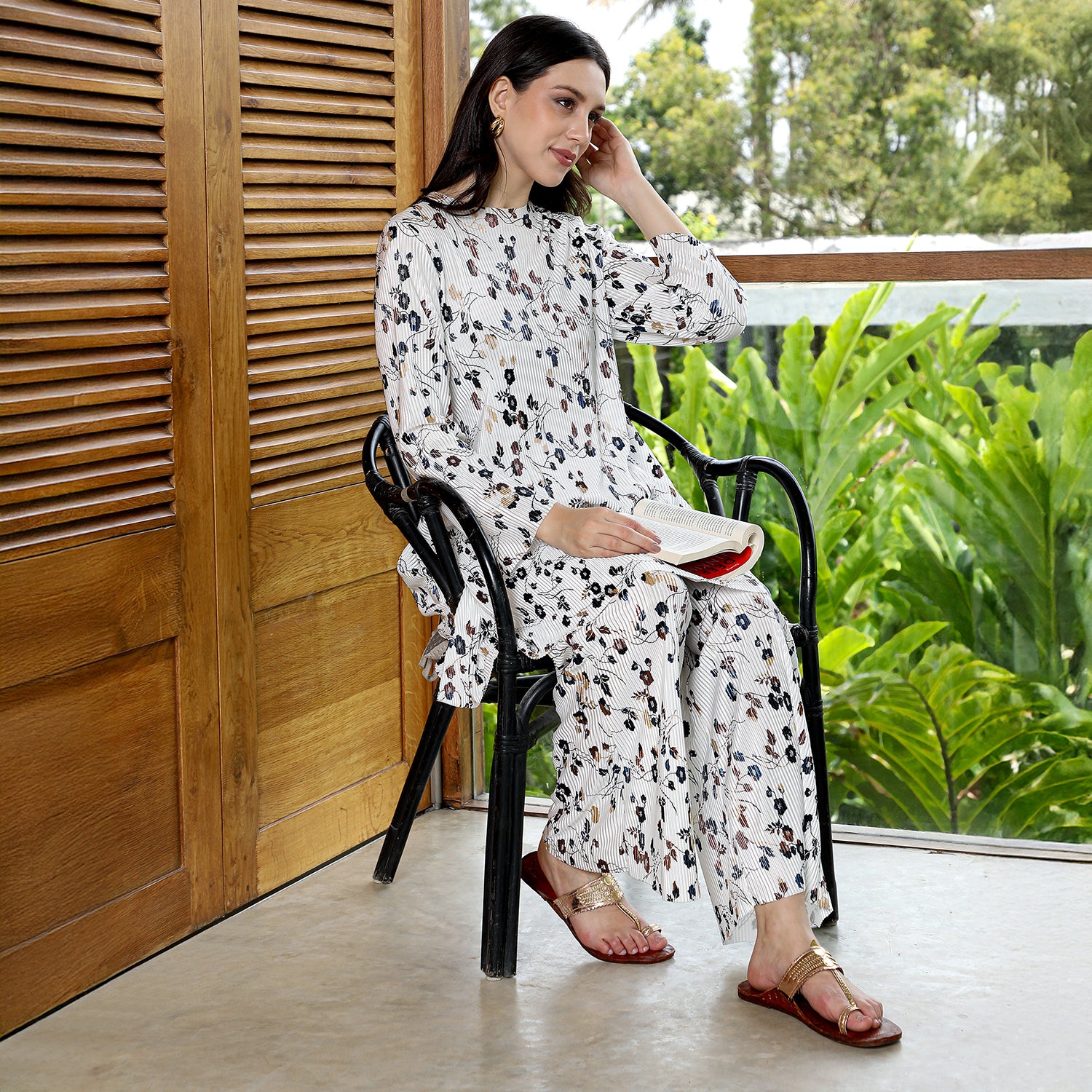 Flora-Imprint Pleated Kurta Set