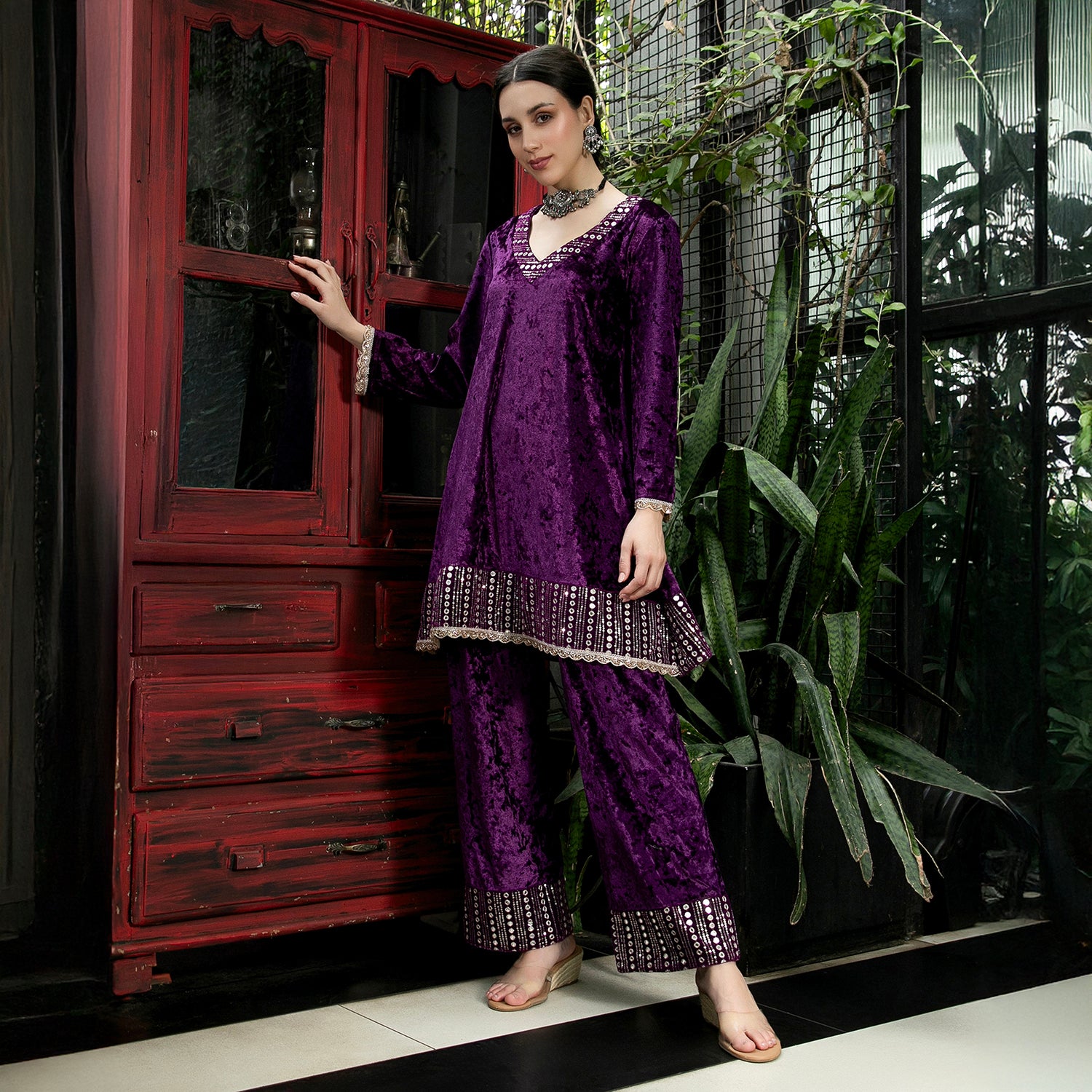 Mirror-Block Velvet Kurta Set