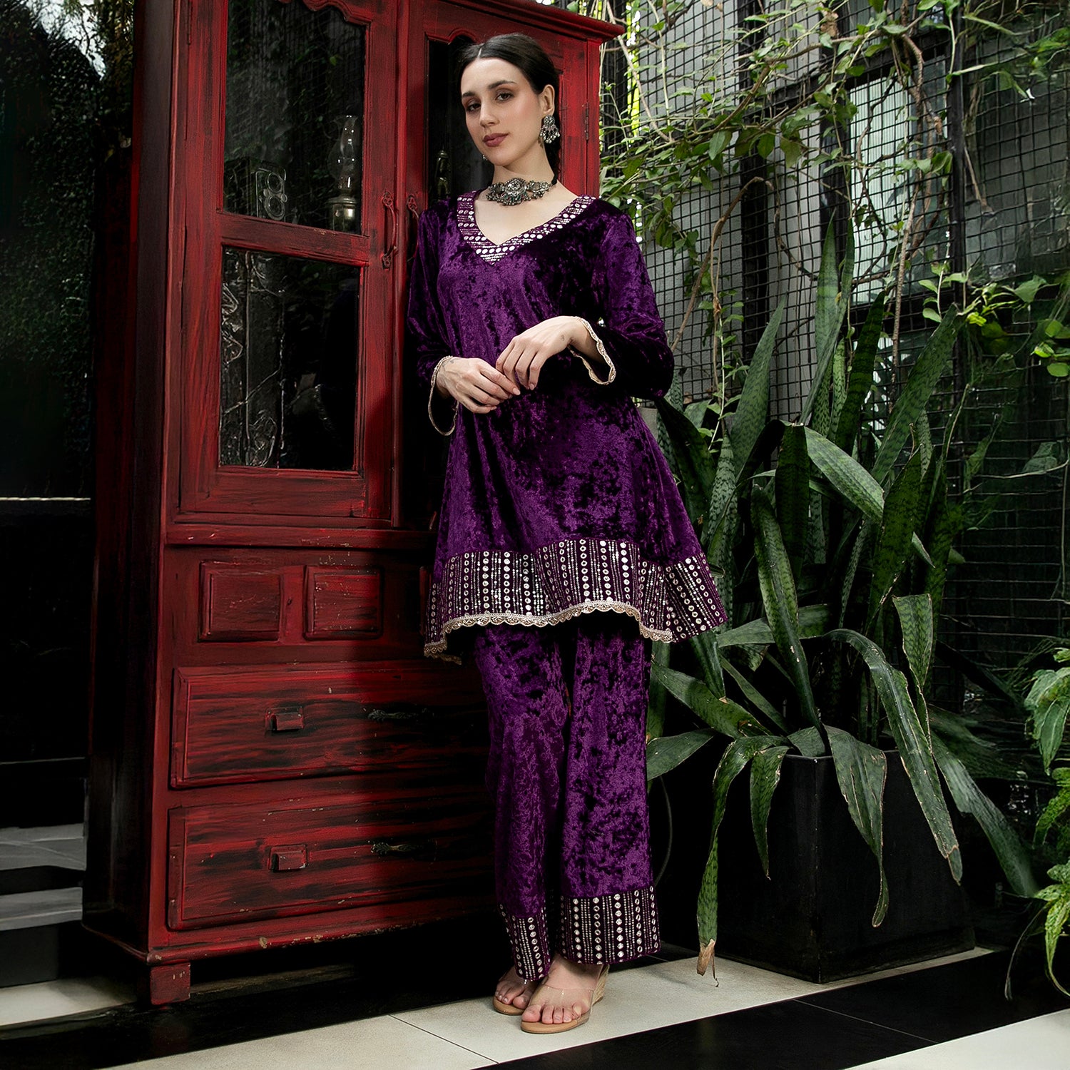Mirror-Block Velvet Kurta Set