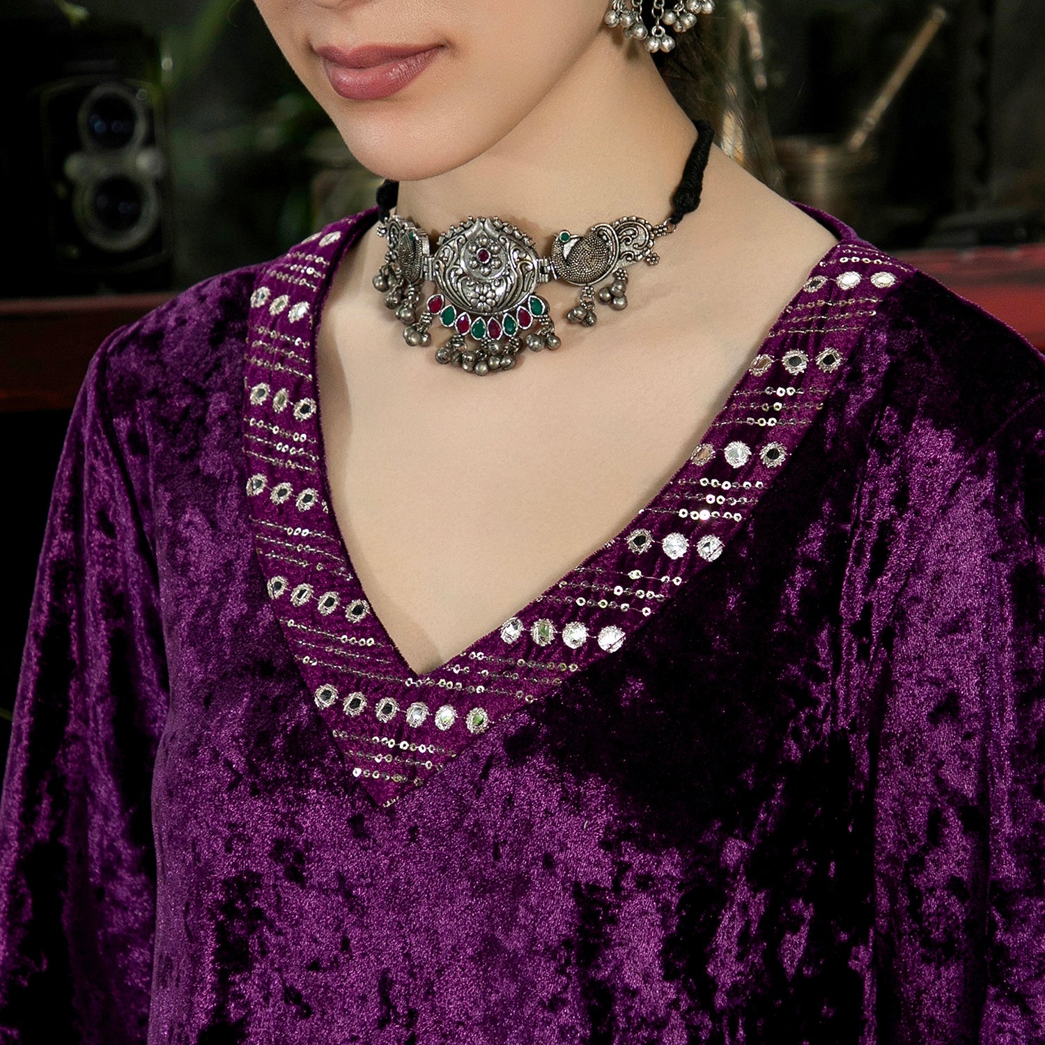 Mirror-Block Velvet Kurta Set