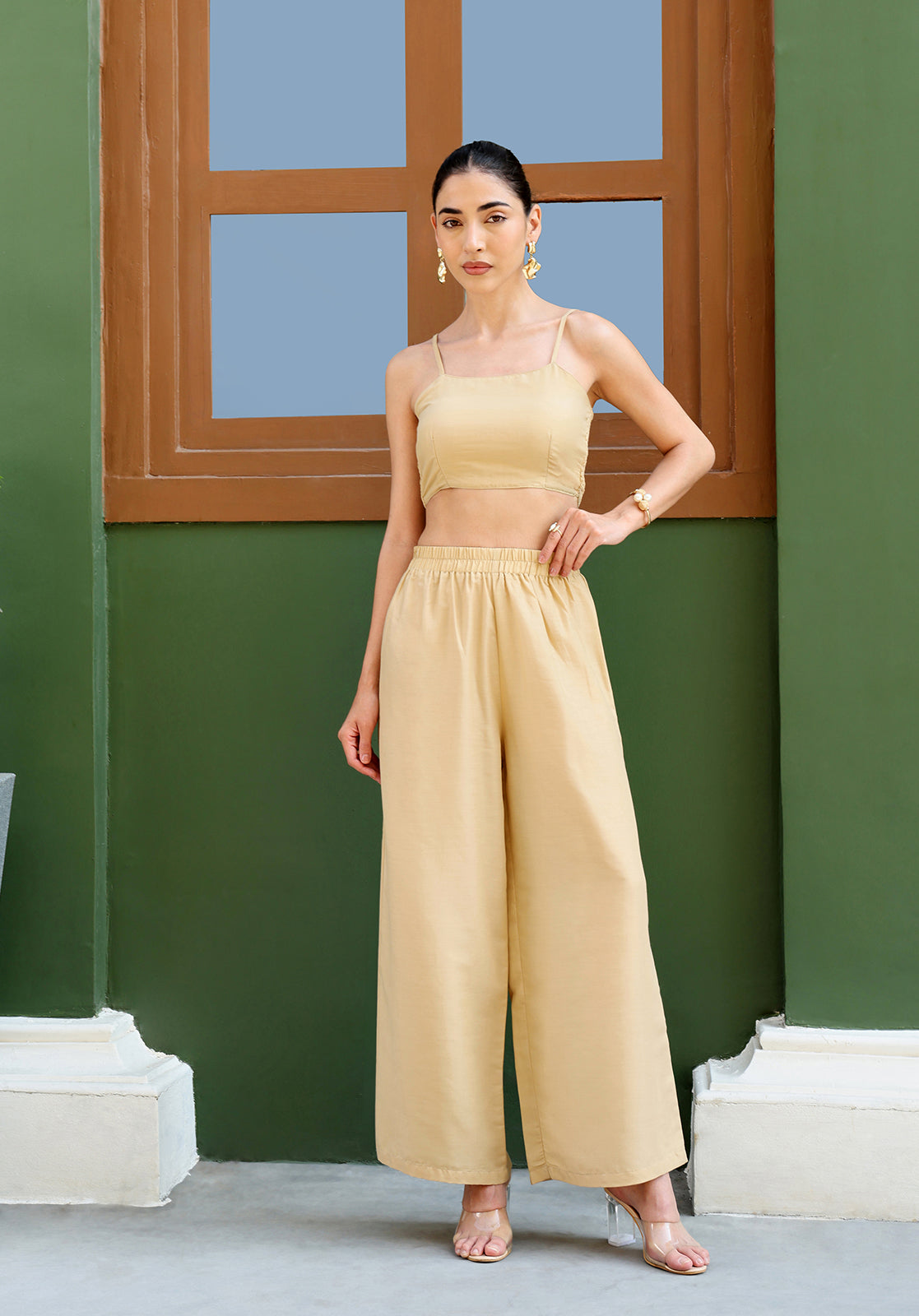 Beige Polyblend Mesh Straight Kurta with Inner & Palazzos