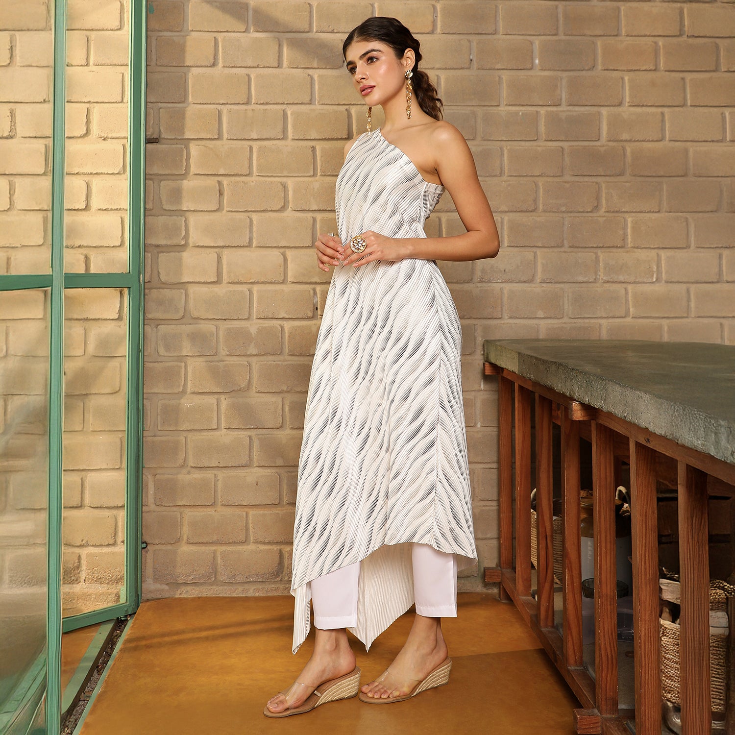 Asymmetrical Metallic-Swirl Kurta Set