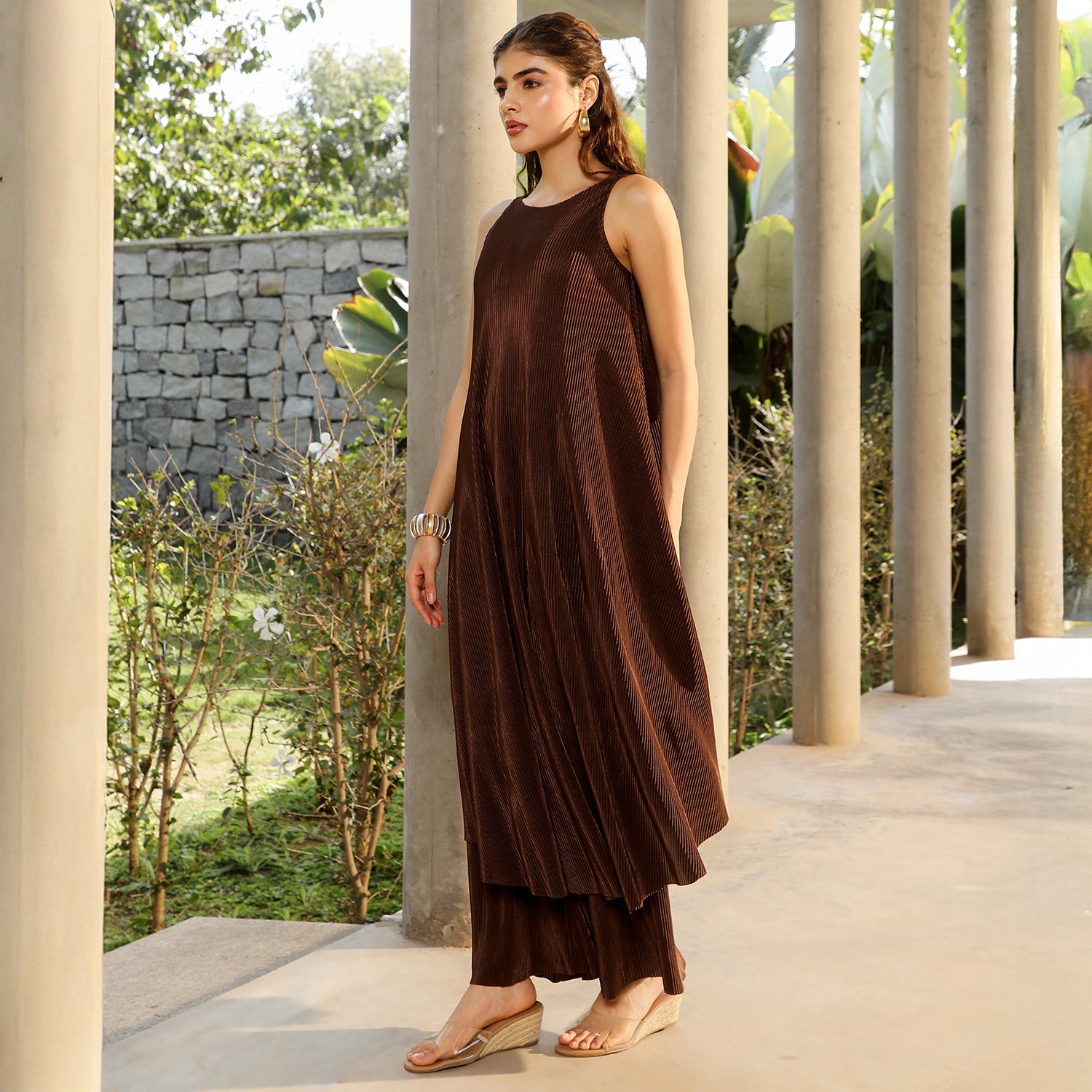 Solid Pleated-Halter Kurta Set