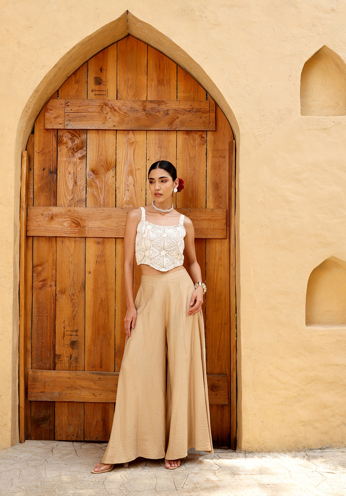Embroidered Polyblend Sleeveless Shoulder Straps Beige Co-ord Set