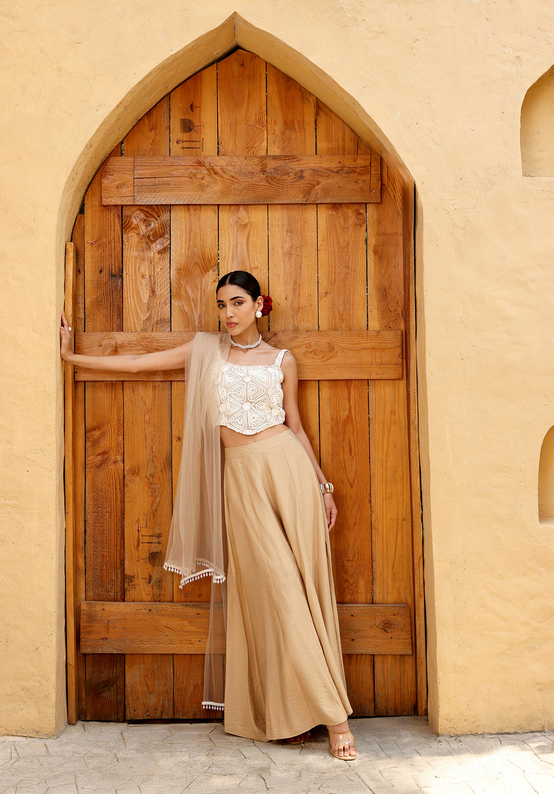 Embroidered Polyblend Sleeveless Shoulder Straps Beige Co-ord Set