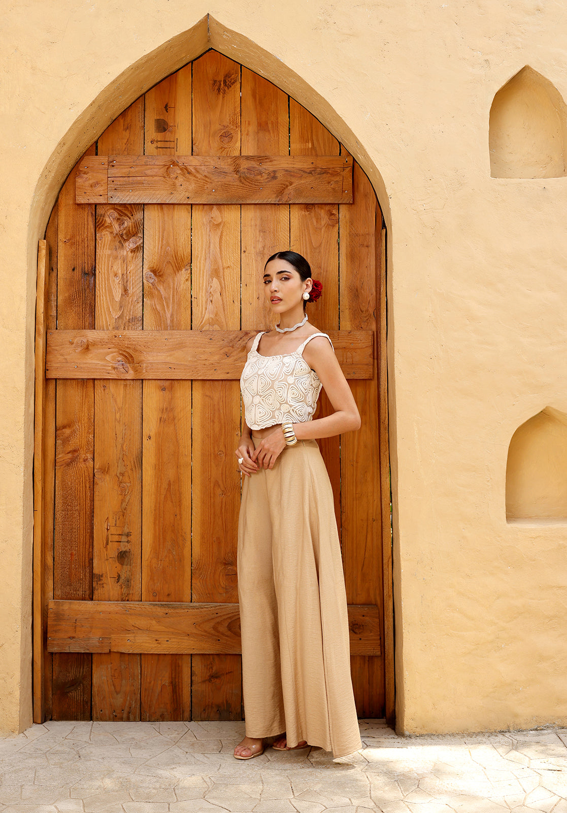 Embroidered Polyblend Sleeveless Shoulder Straps Beige Co-ord Set