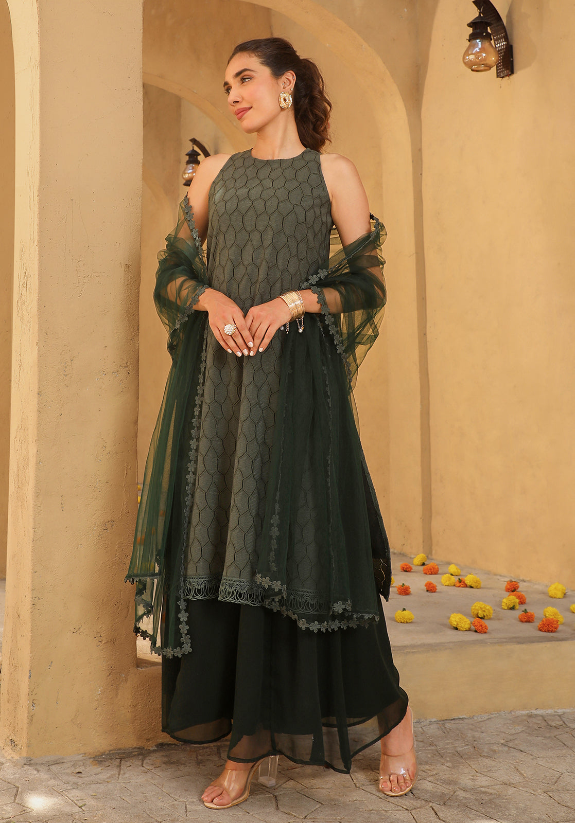 Green Cotton Blend A-Line Kurta Palazzo Set