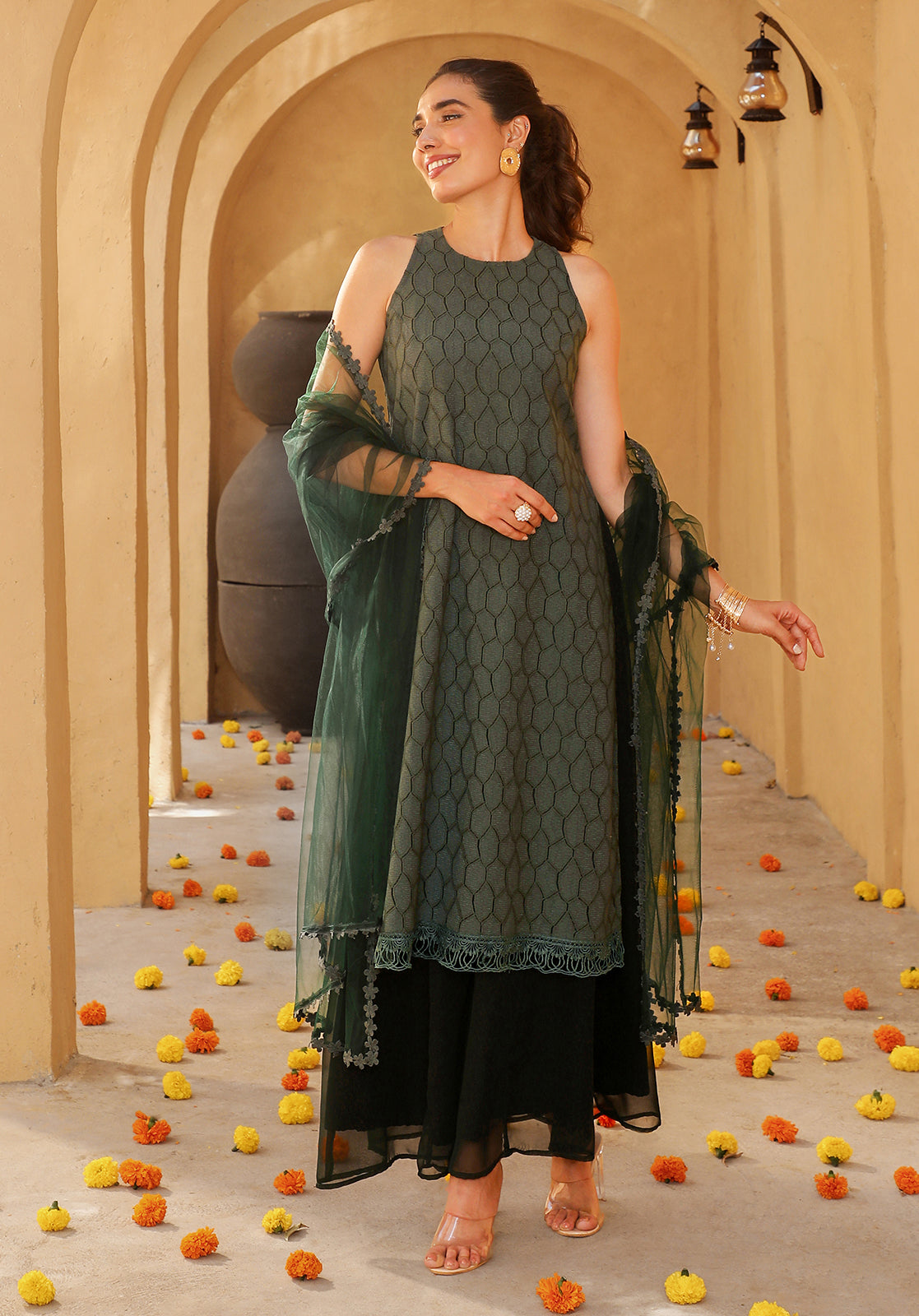 Green Cotton Blend A-Line Kurta Palazzo Set