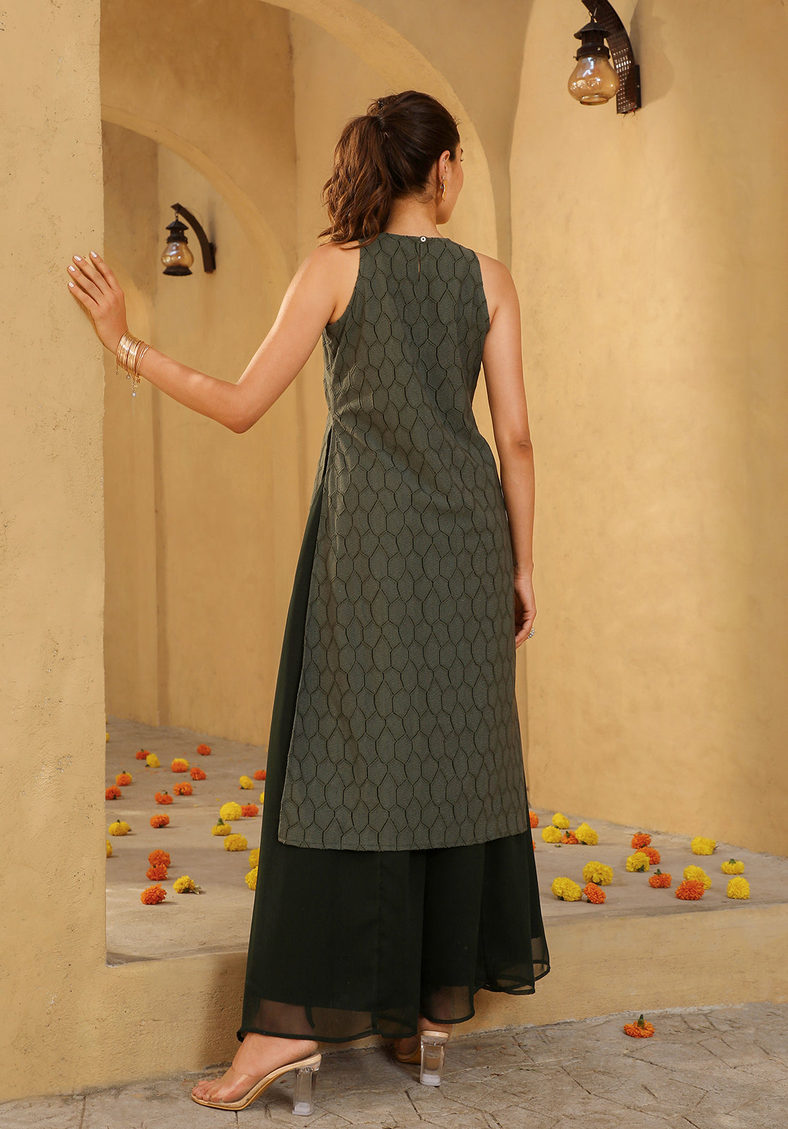 Green Cotton Blend A-Line Kurta Palazzo Set