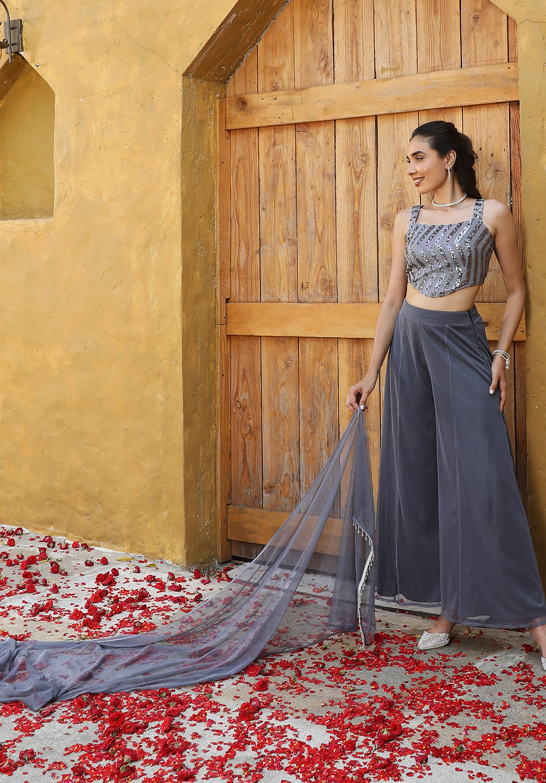 Embellished Georgette Sleeveless Square Neck Grey Co-ord Set