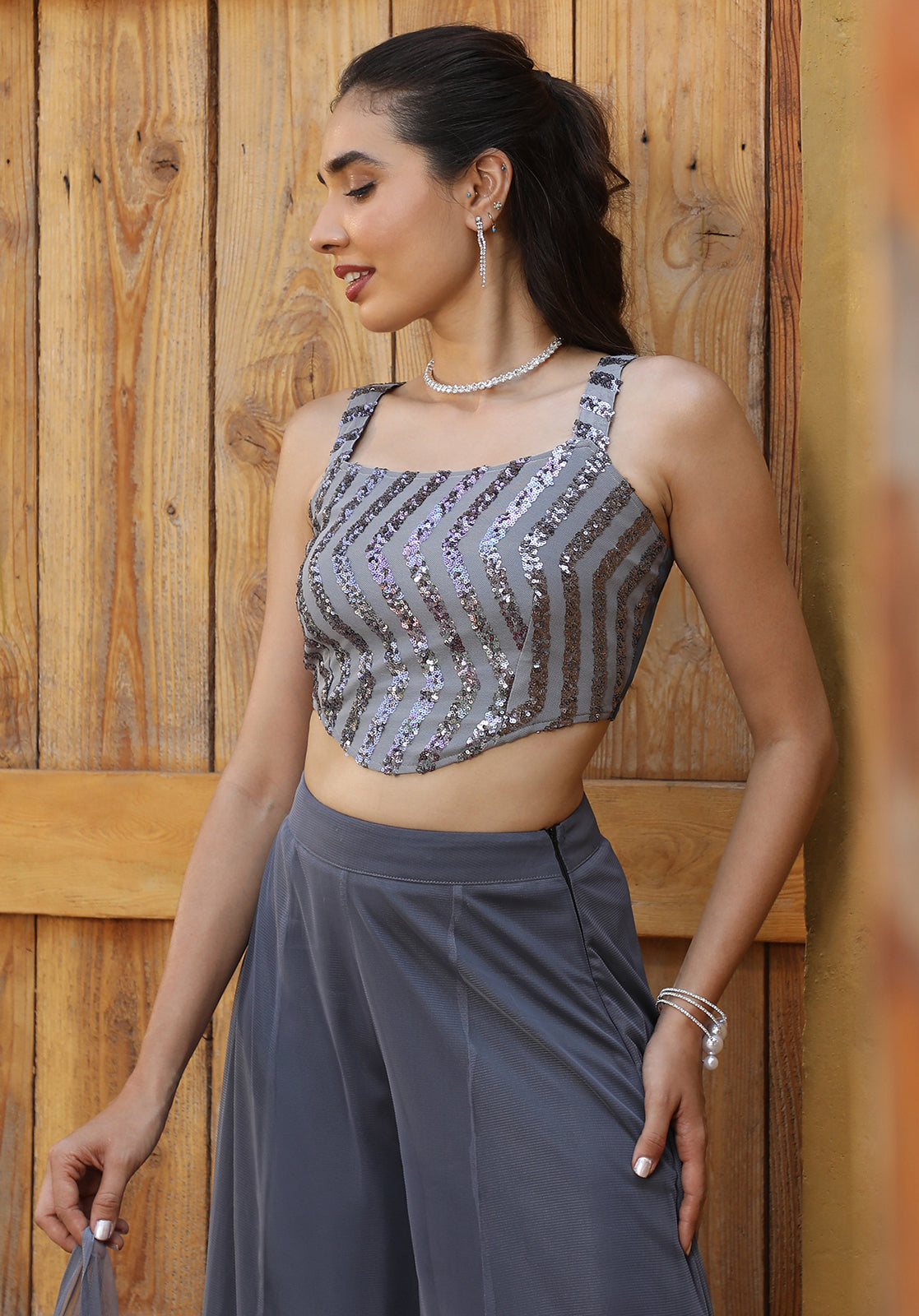 Embellished Georgette Sleeveless Square Neck Grey Co-ord Set