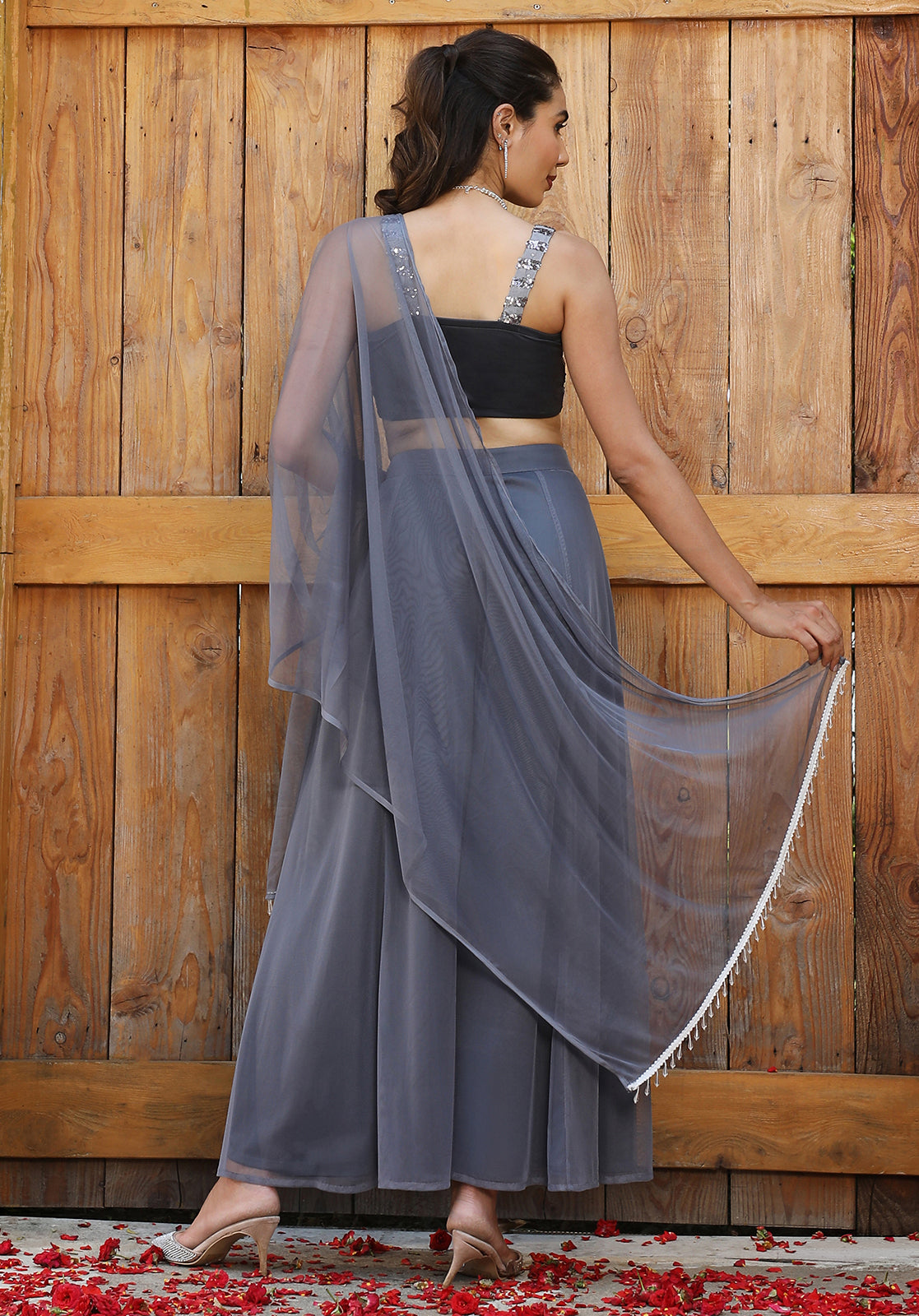 Embellished Georgette Sleeveless Square Neck Grey Co-ord Set