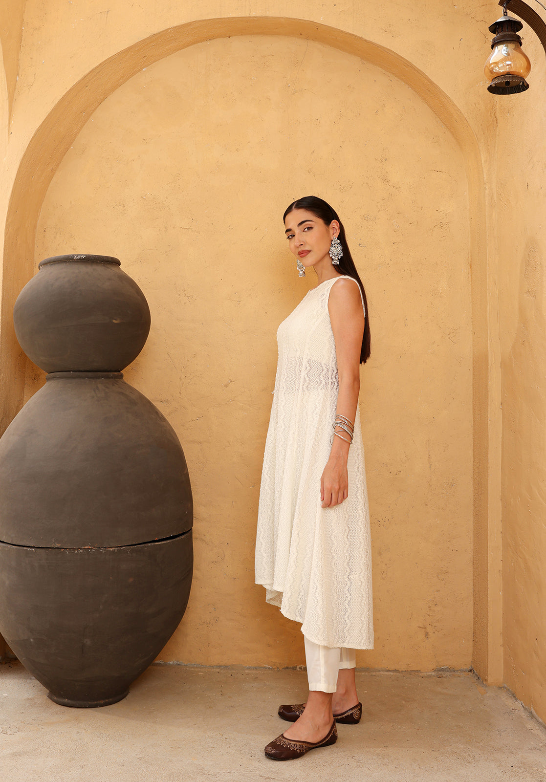 White Polyblend Asymmetric Kurta with Top and Trouser Set