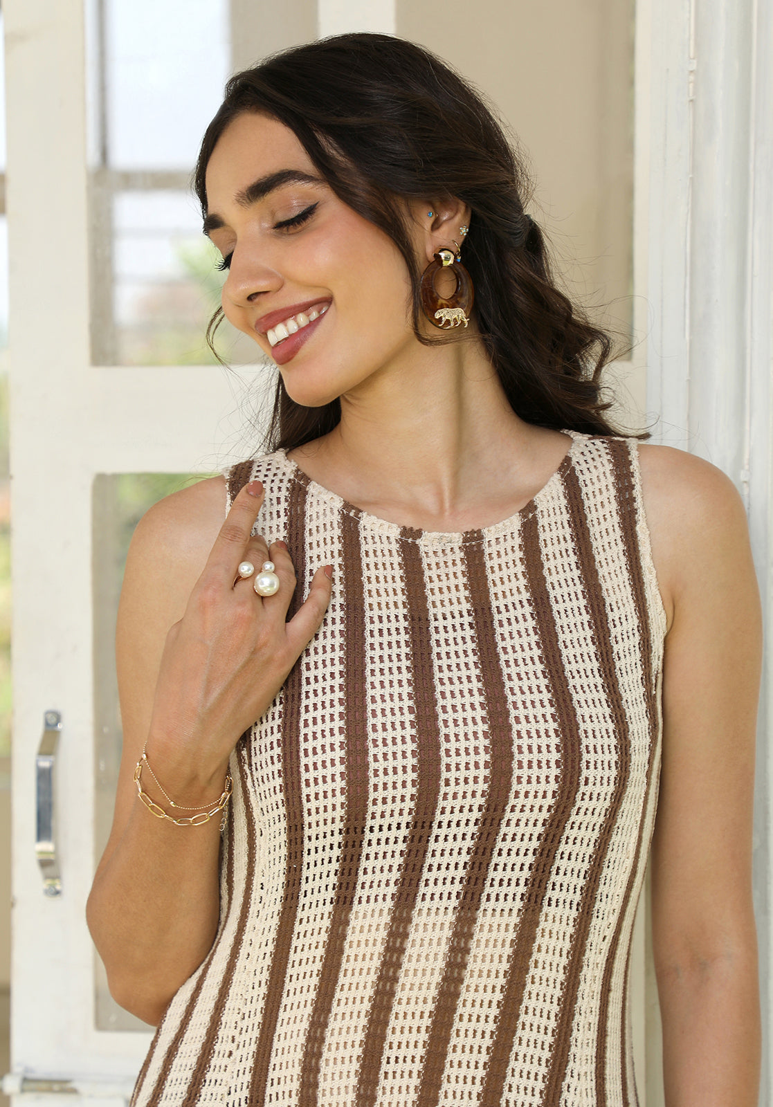 Brown Poly Cotton Striped Asymmetric Kurta with Pant Set