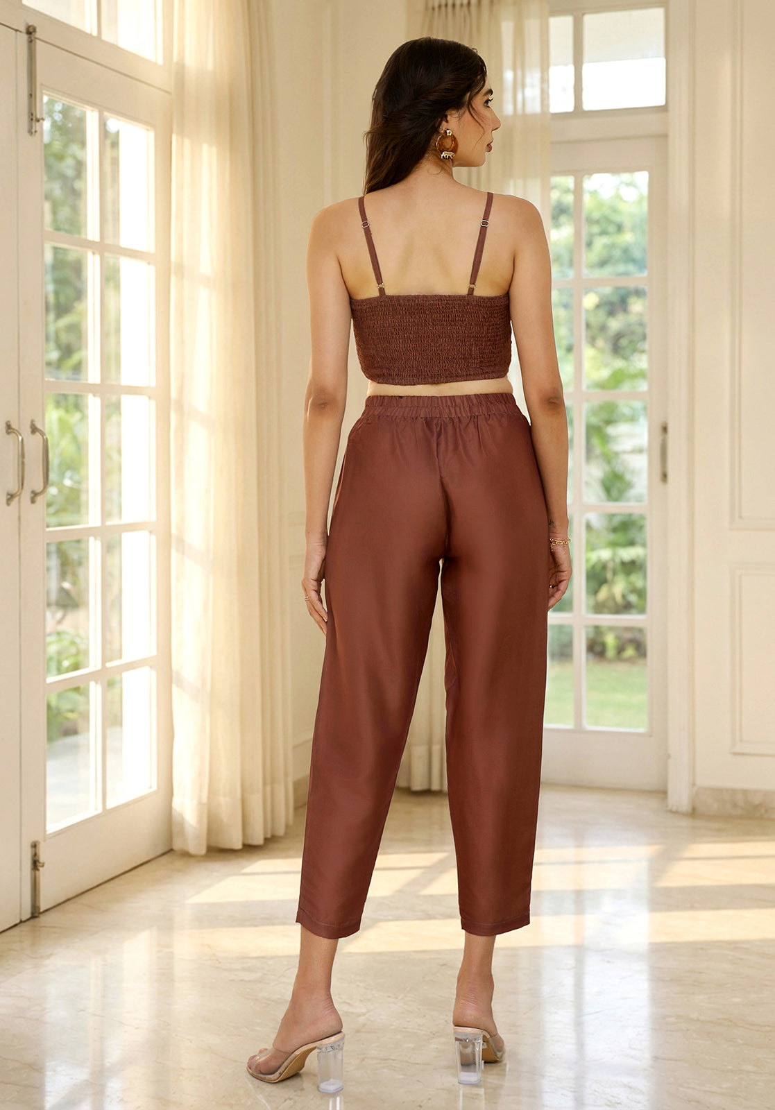Brown Poly Cotton Striped Asymmetric Kurta with Pant Set