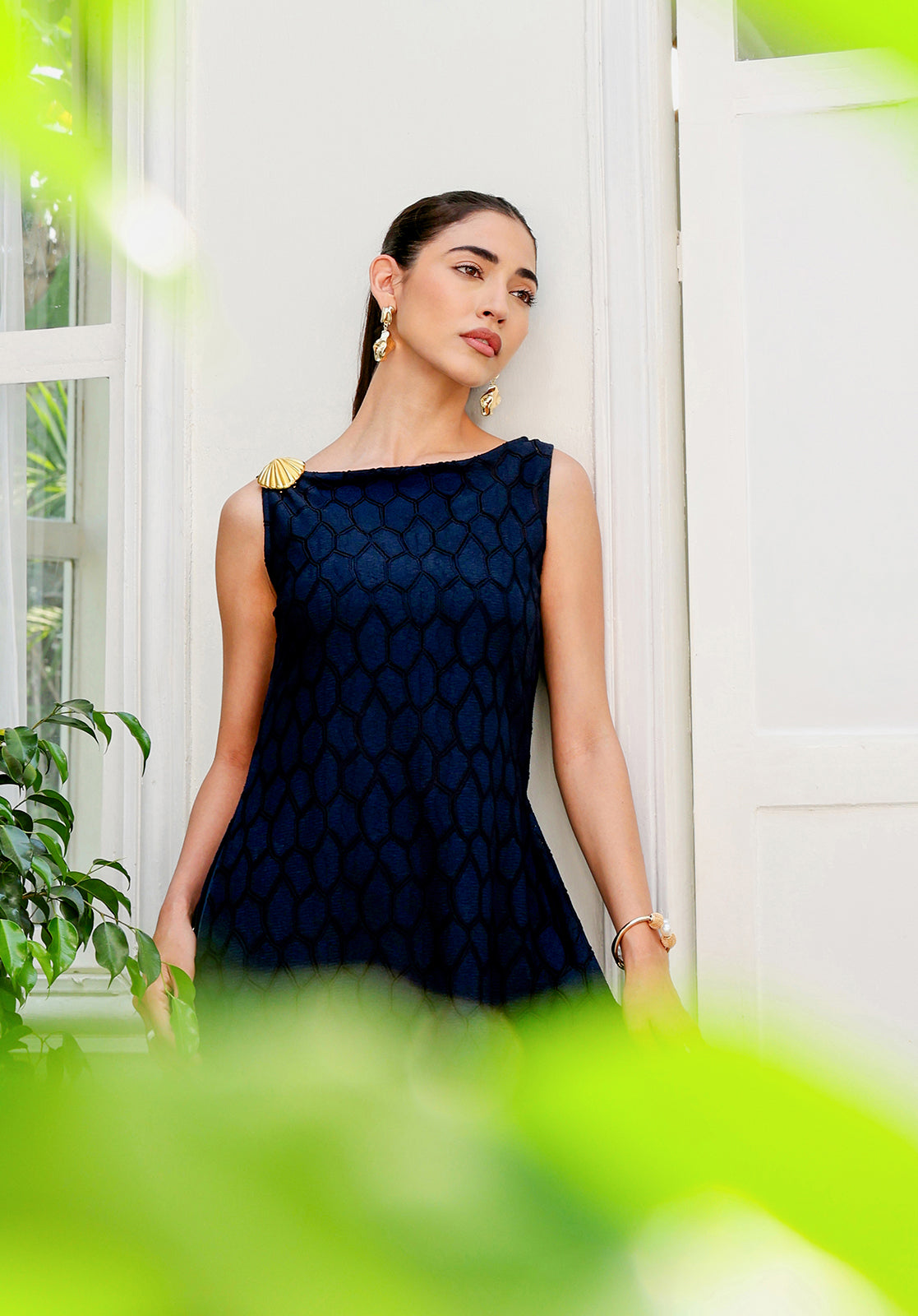 Textured Self-Design Boat Neck Sleeveless Navy Blue Co-ord Set