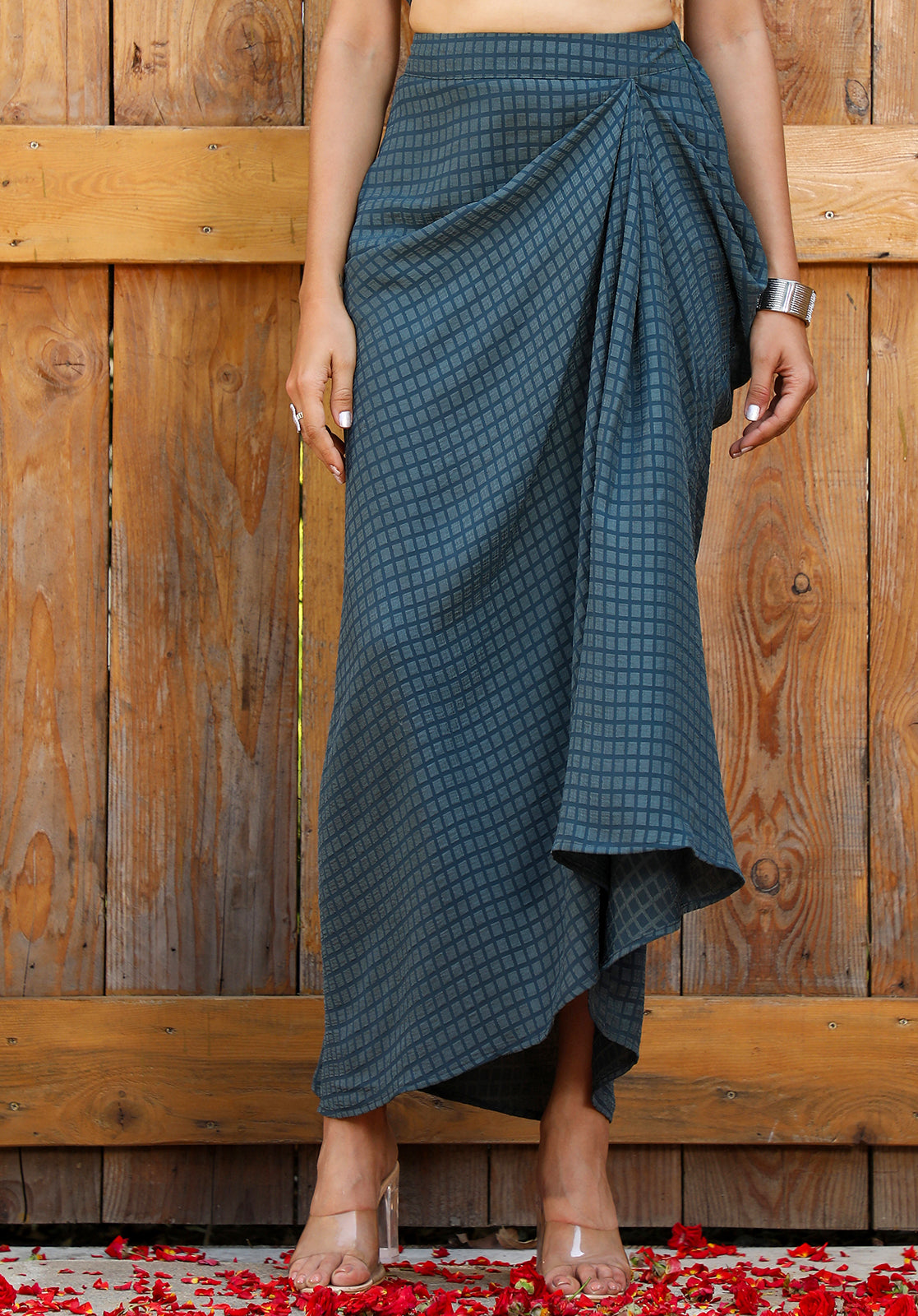 Geometric Georgette Halter Neck Full Sleeves Teal Co-ord Set