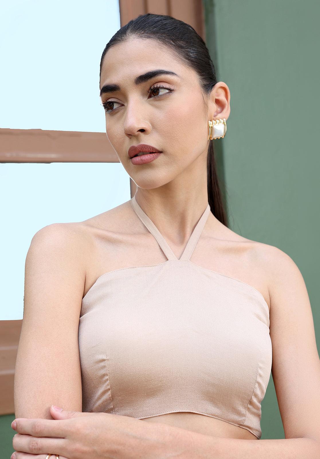 Solid Halter Sleeveless Draped Skirt Beige Co-ord Set