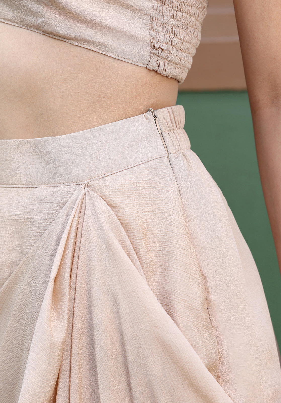 Solid Halter Sleeveless Draped Skirt Beige Co-ord Set