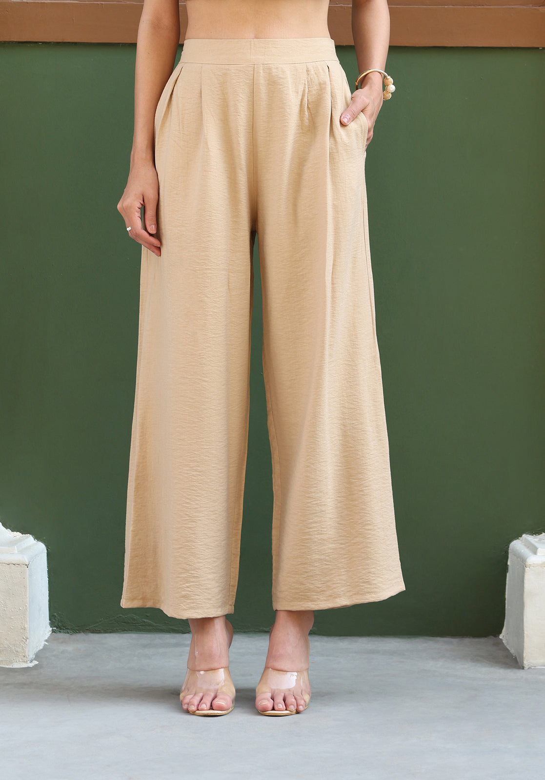 Beige Polyblend Asymmetric Kurta & Palazzo Set