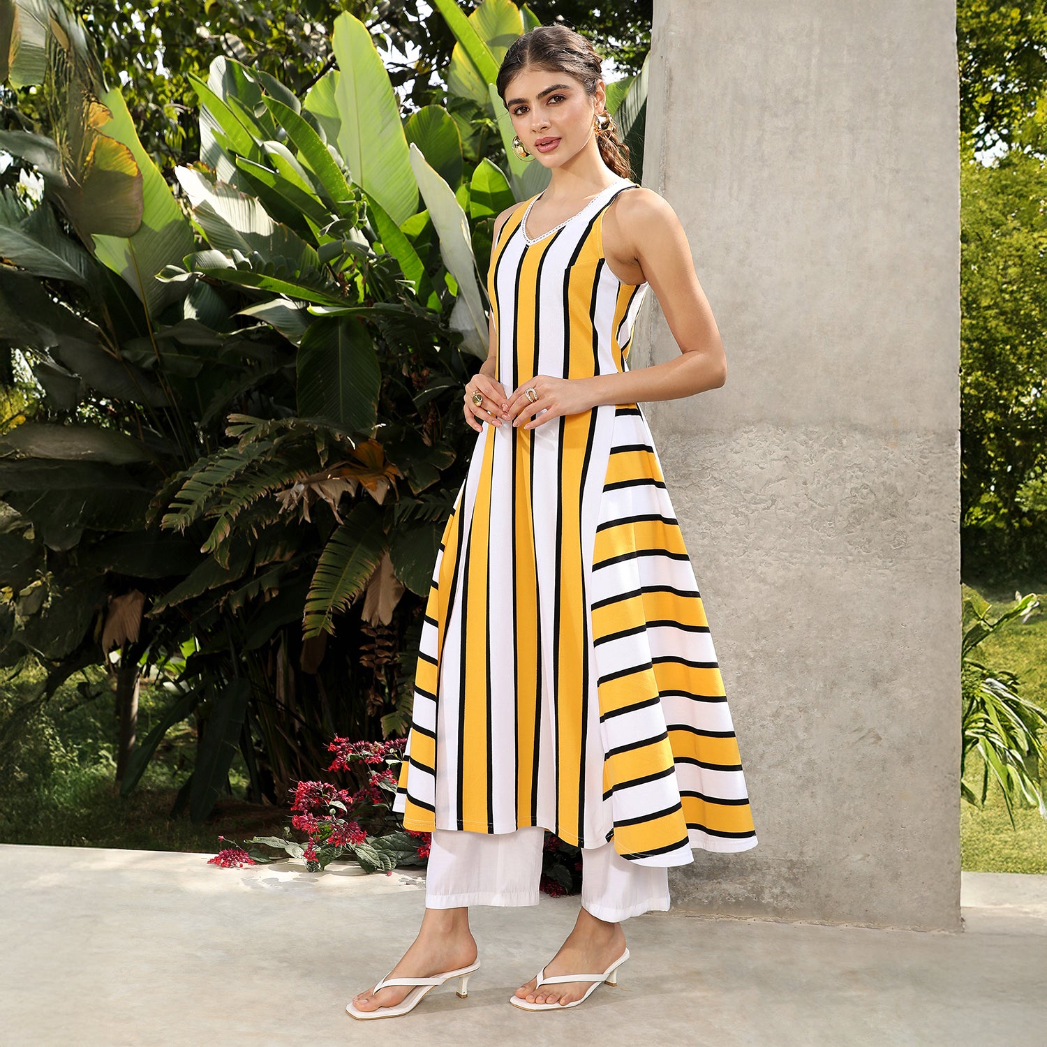 Nautical-Striped Flared Kurta Set