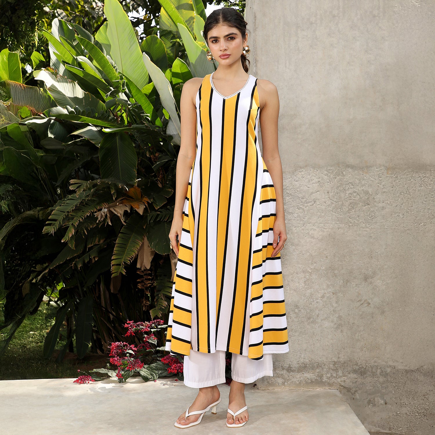 Nautical-Striped Flared Kurta Set
