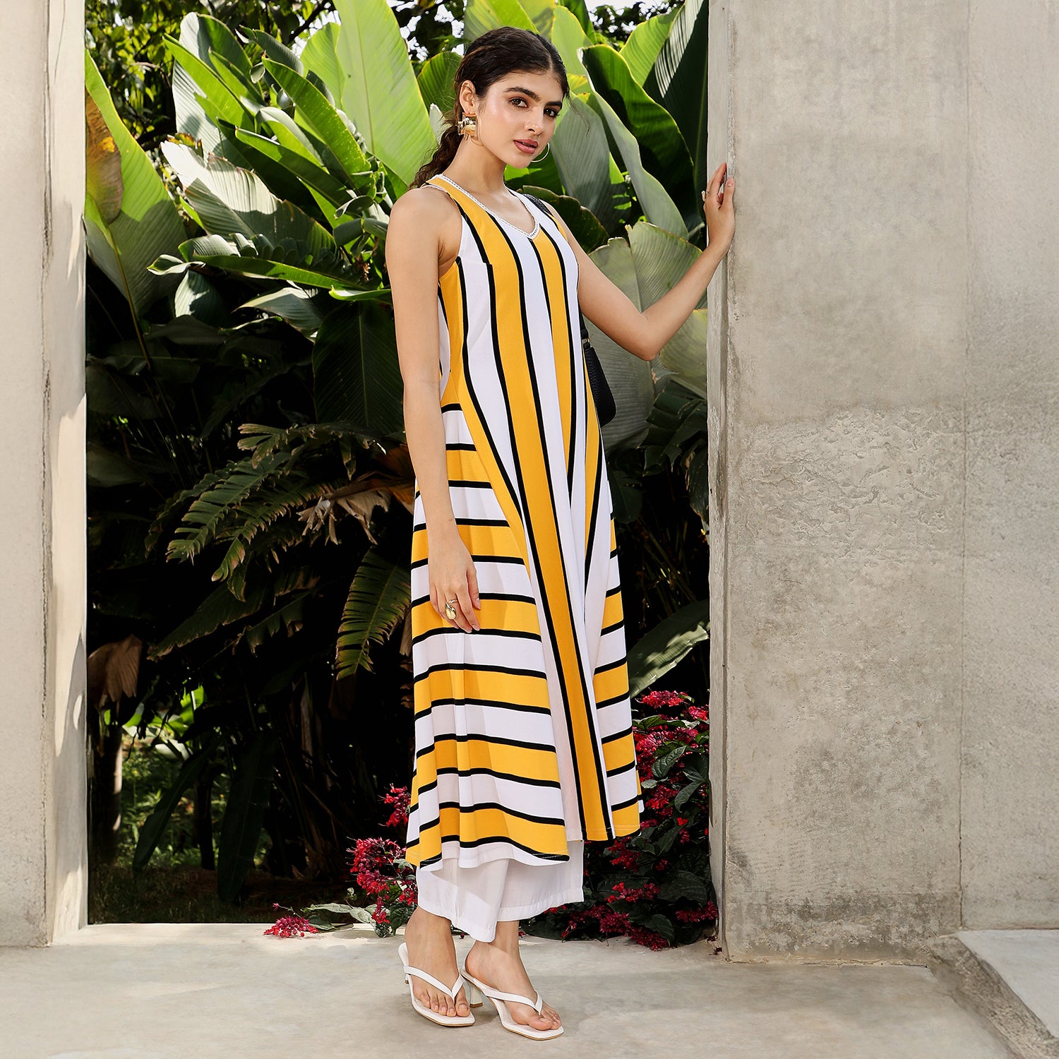 Nautical-Striped Flared Kurta Set