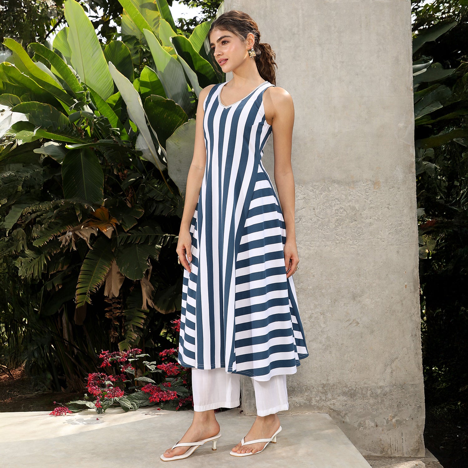 Nautical-Striped Flared Kurta Set