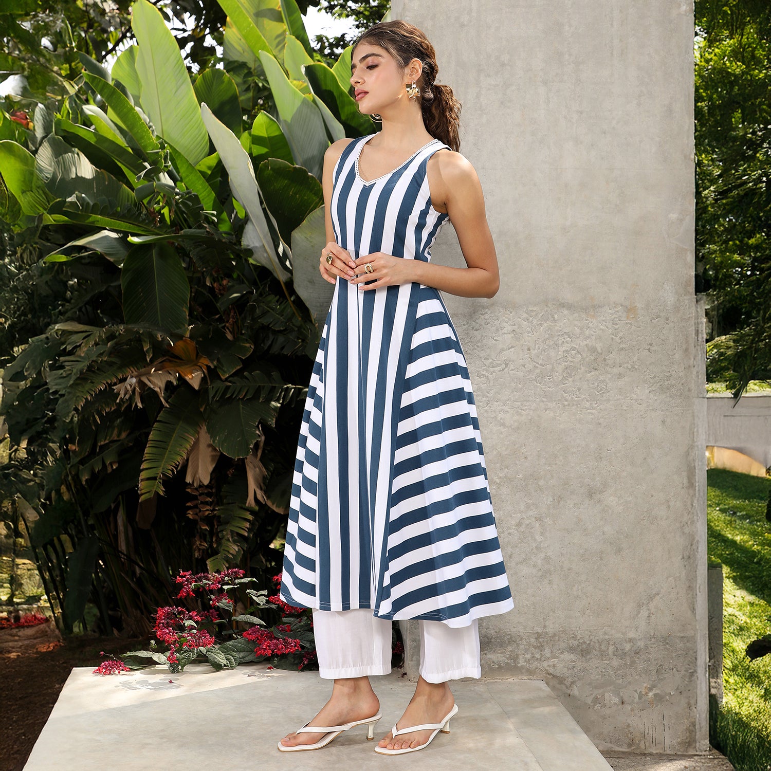 Nautical-Striped Flared Kurta Set