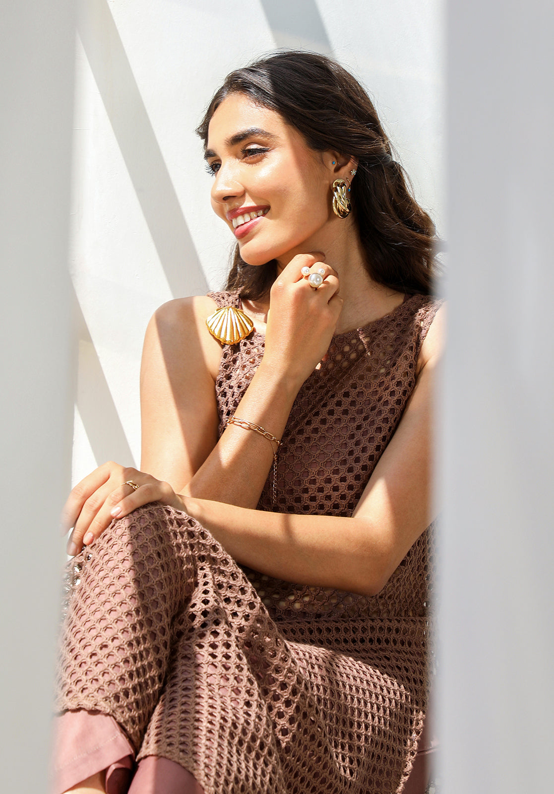Brown Poly Cotton Net Kurta with Top and Palazzo Set