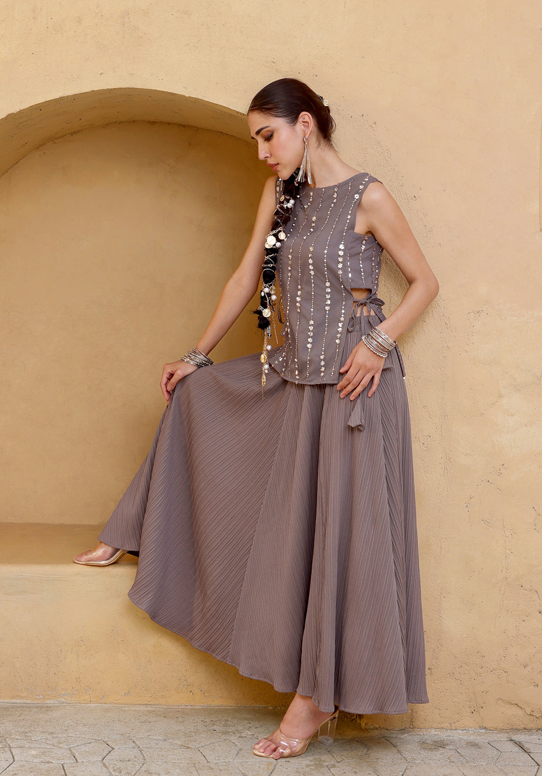 Grey Poly Georgette Co-ord Set