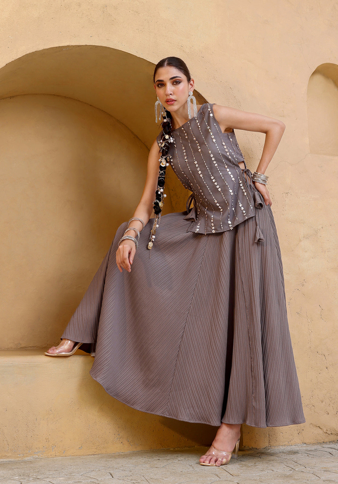 Grey Poly Georgette Co-ord Set