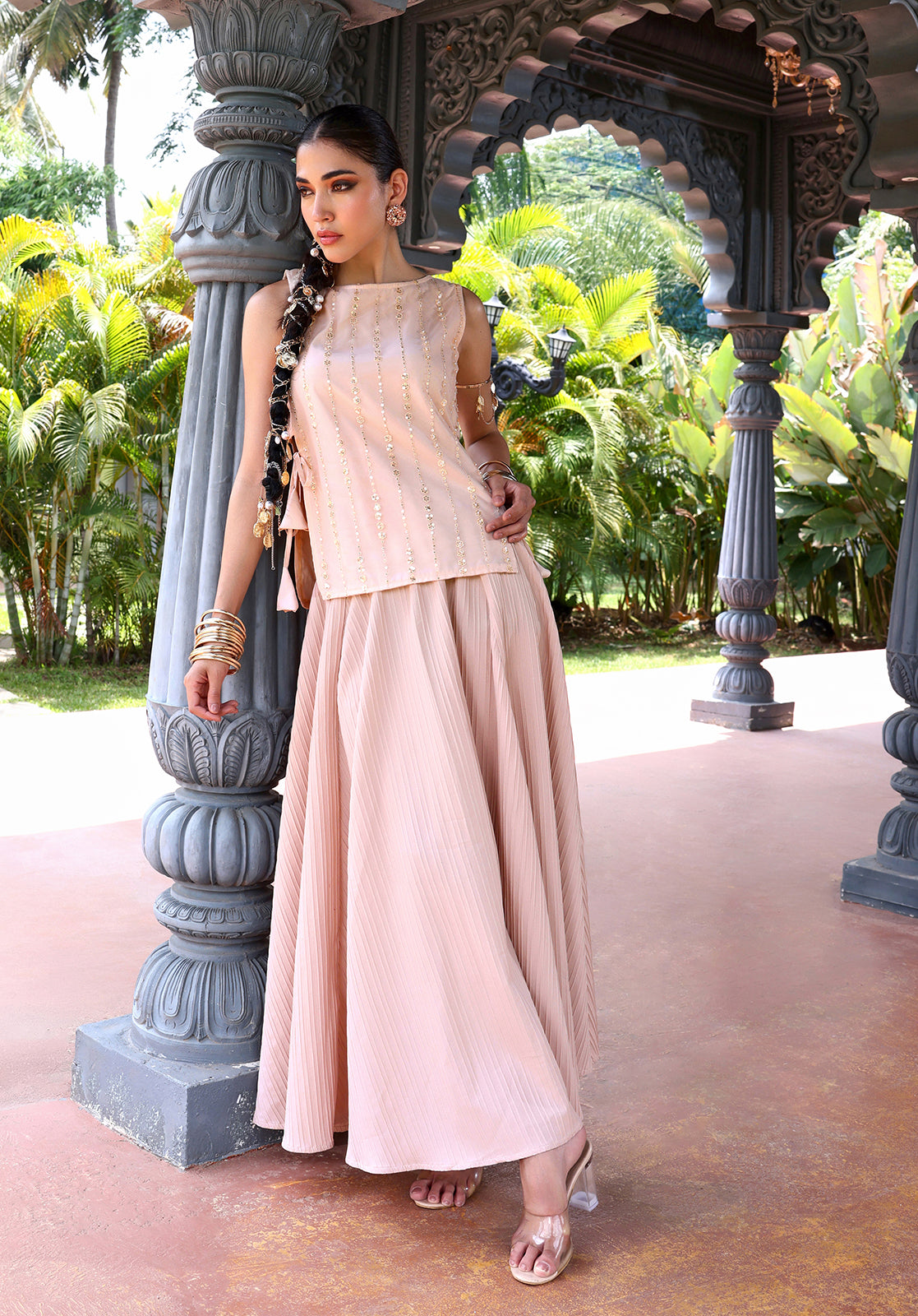 Peach Poly Georgette Top & Skirt Set