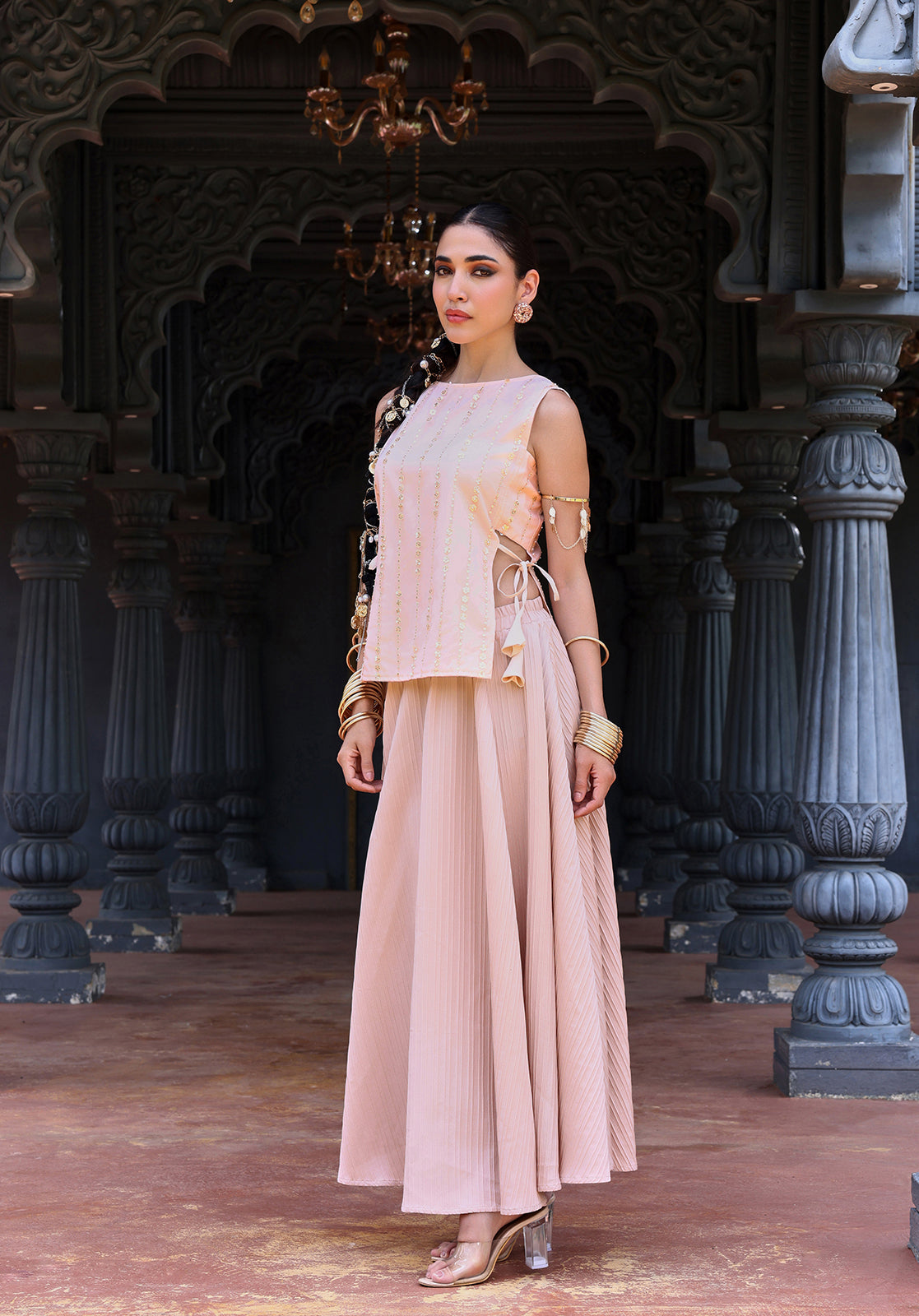 Peach Poly Georgette Top & Skirt Set