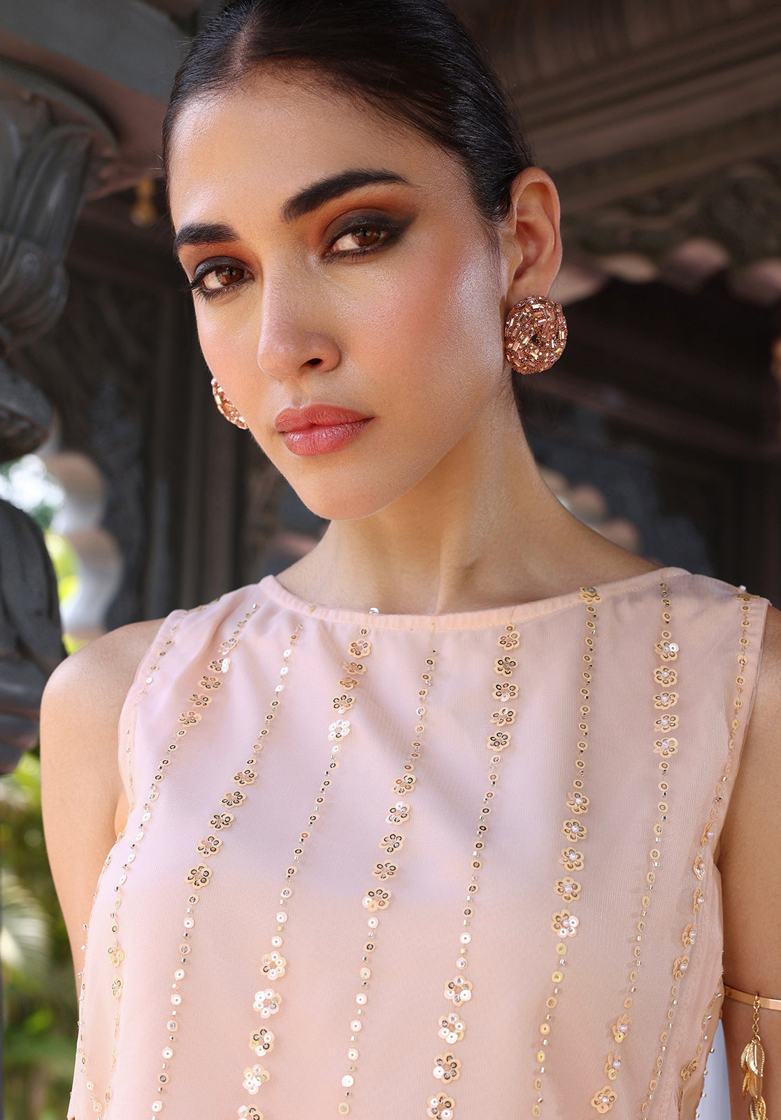 Peach Poly Georgette Top & Skirt Set