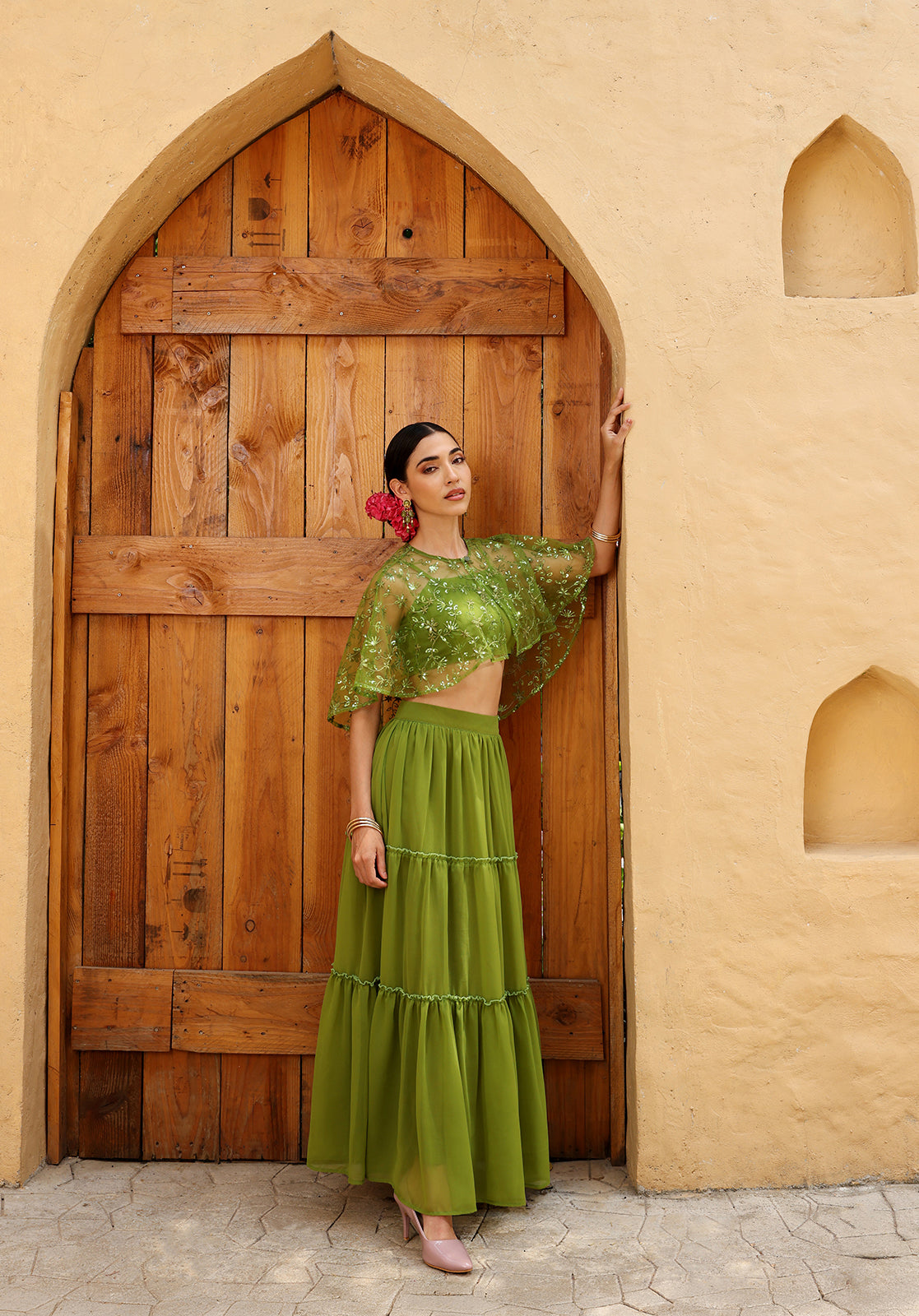Green Poly Georgette Crop Top, Skirt and Cape Set