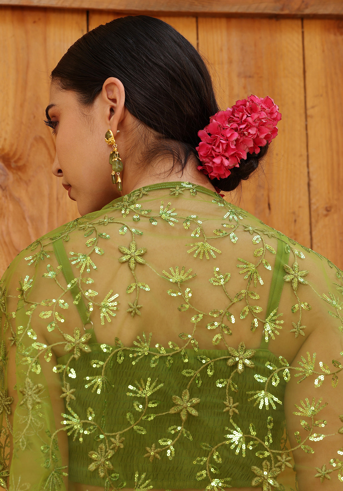 Green Poly Georgette Crop Top, Skirt and Cape Set
