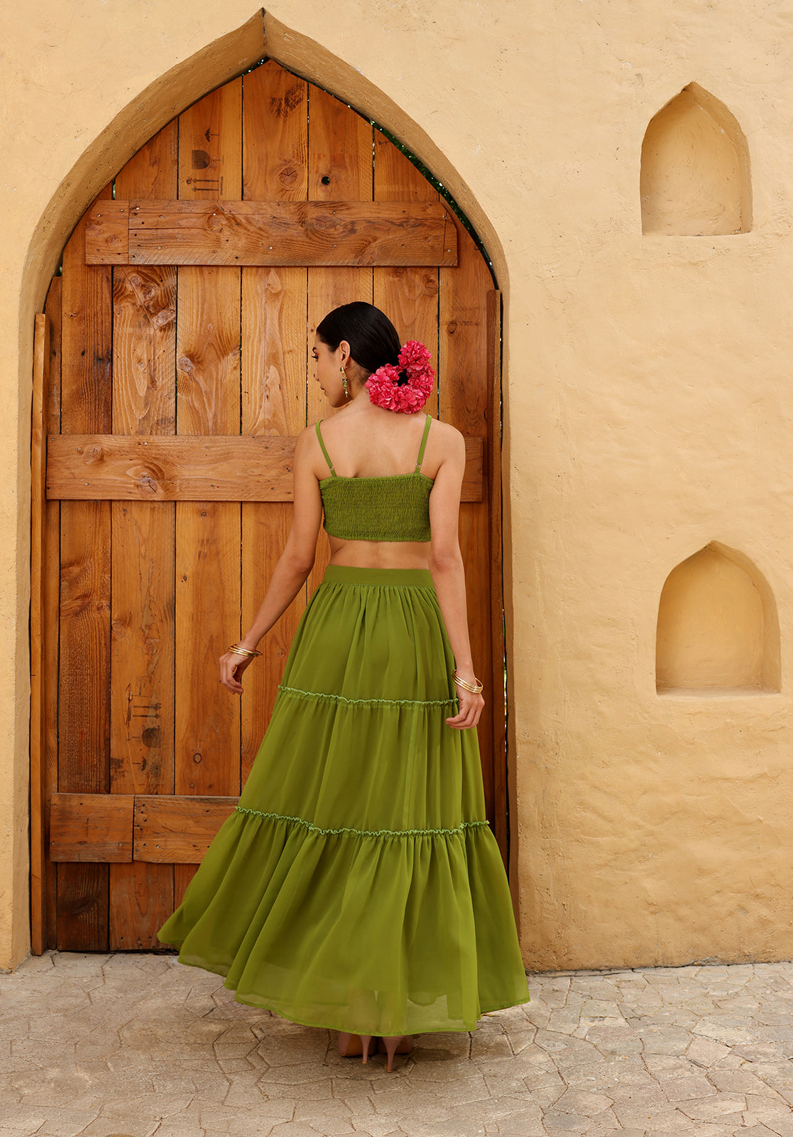 Green Poly Georgette Crop Top, Skirt and Cape Set