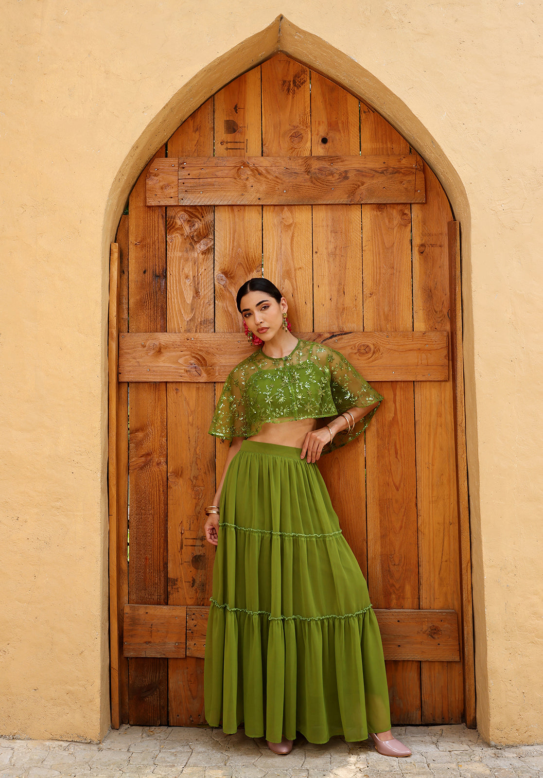 Green Poly Georgette Crop Top, Skirt and Cape Set