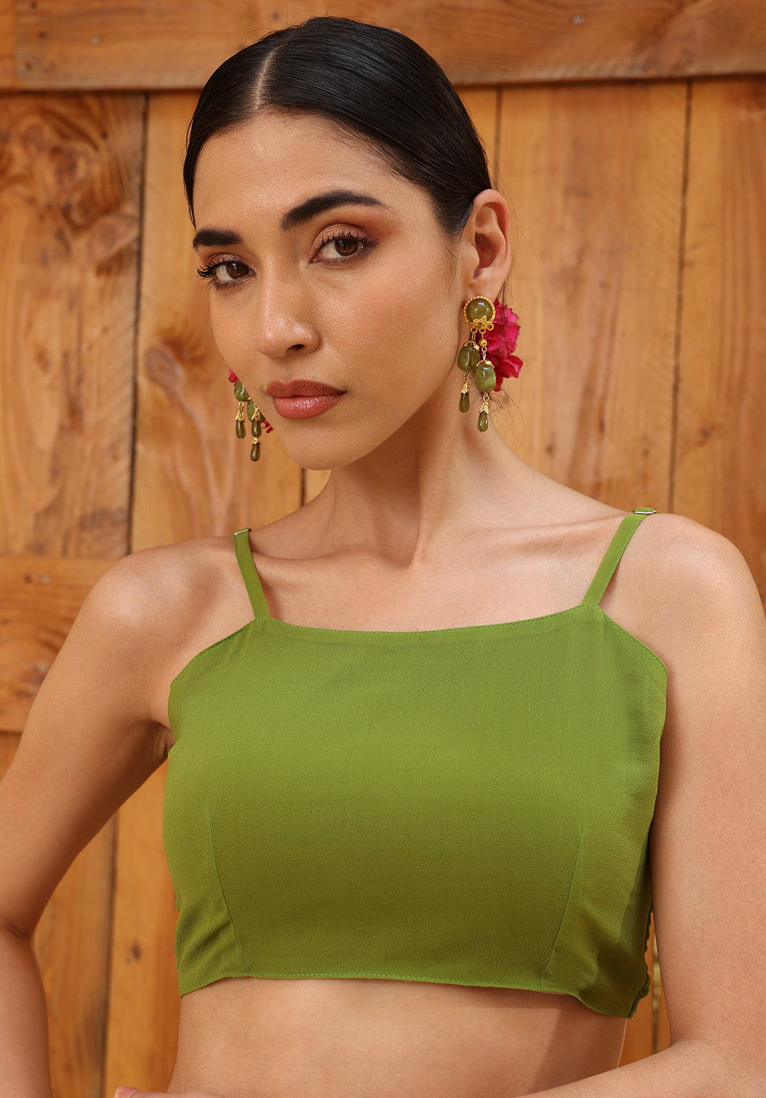 Green Poly Georgette Crop Top, Skirt and Cape Set