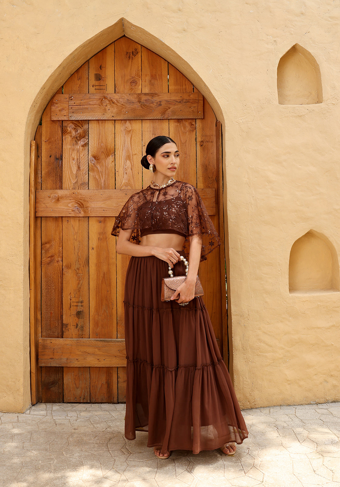 Brown Poly Georgette Cape Set